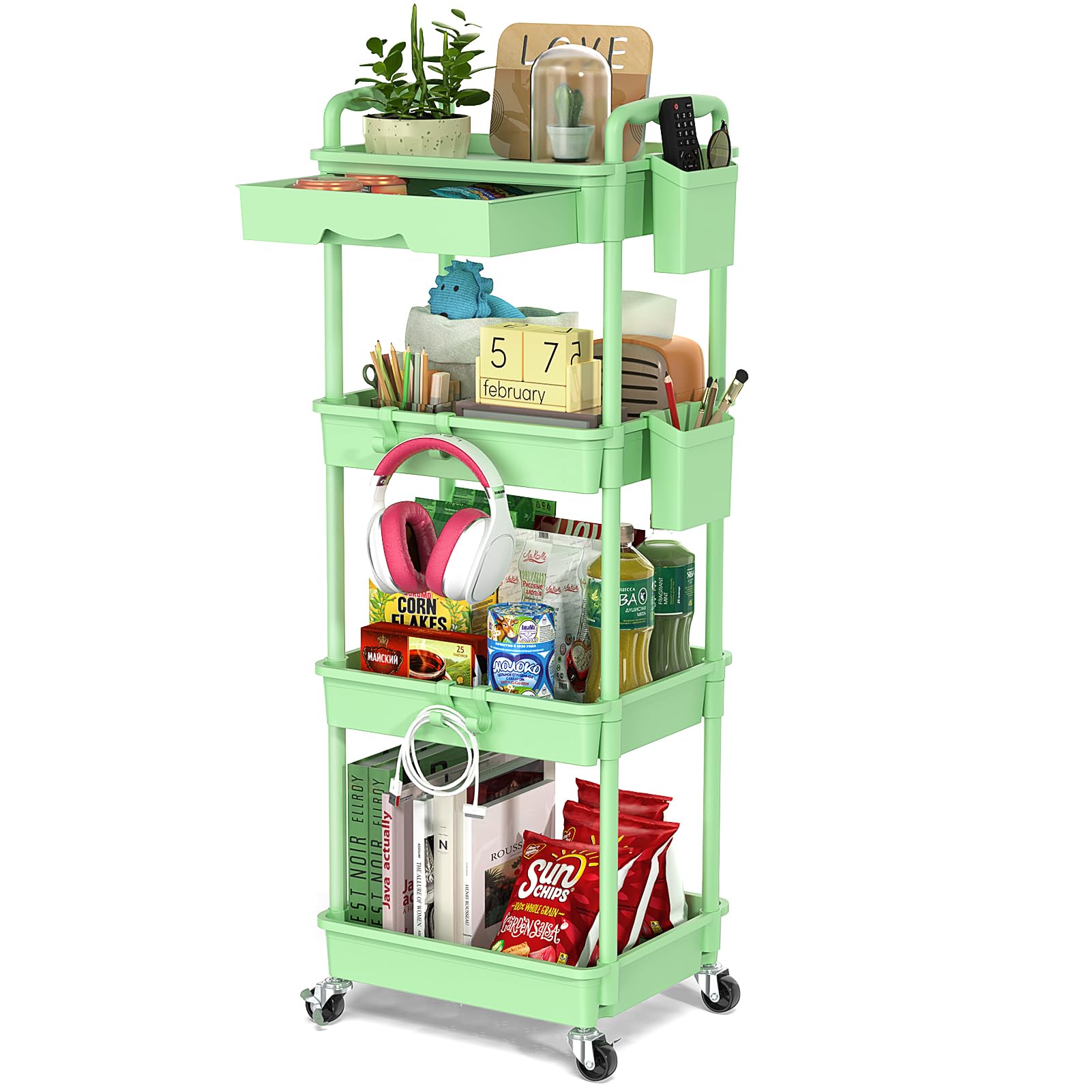 Easesky 4 Tier Rolling Utility Cart With Drawer, Utility Storage Organizer With Plastic Shelf & Lockable Wheels Multifunctional