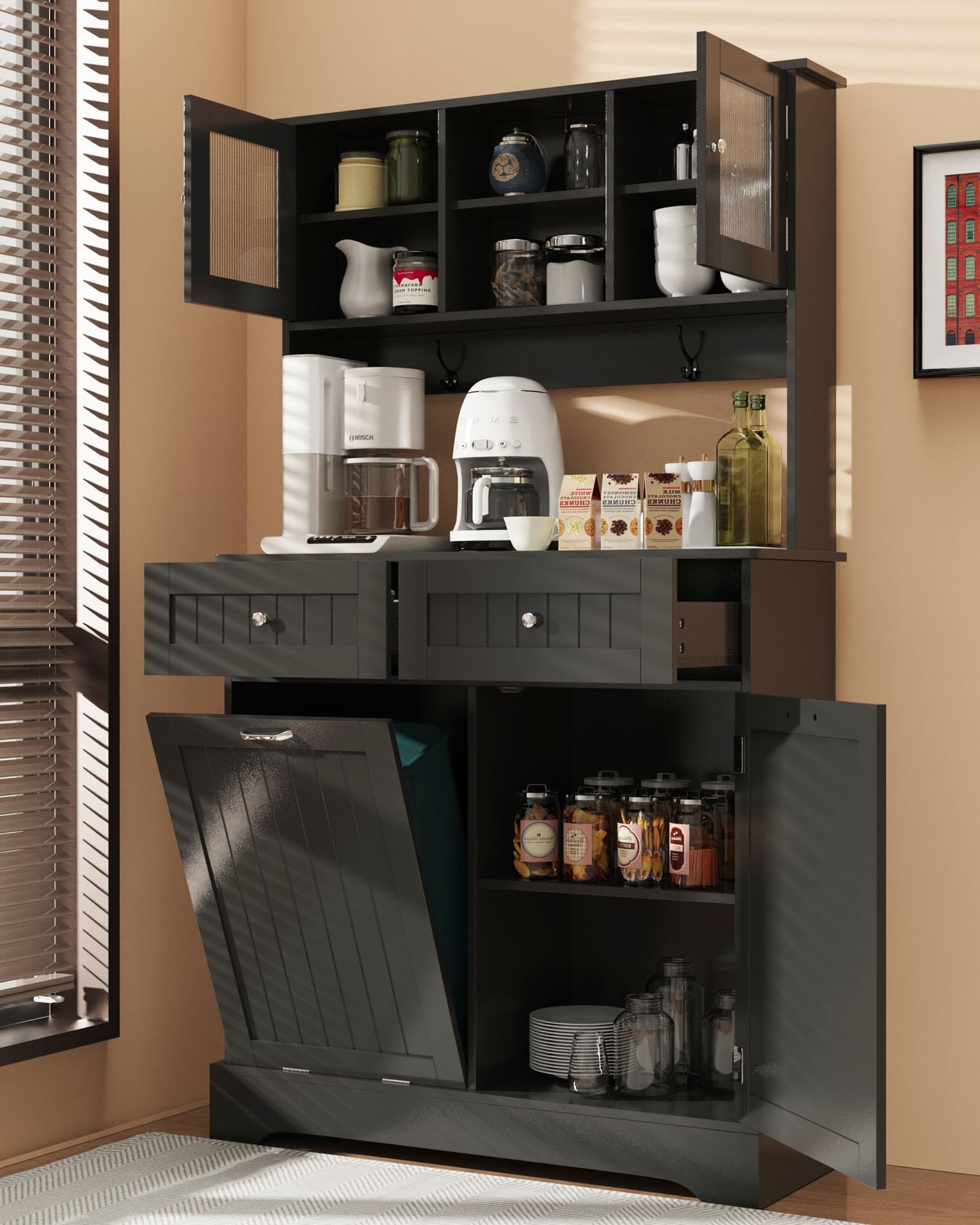 YOCONYO Tilt Out Trash Cabinet,Storage Cabinet,Two Solid Wood Hideaway Trash Holder Drawers,Wooden Freestanding Recycling Cabine