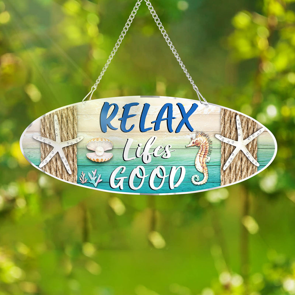 Hanging Beach Sign D  Cor, Starfish Wall D  Cor, Beach Plaque For Door With Sea Horse And Scallop, 12 X 4 Inch