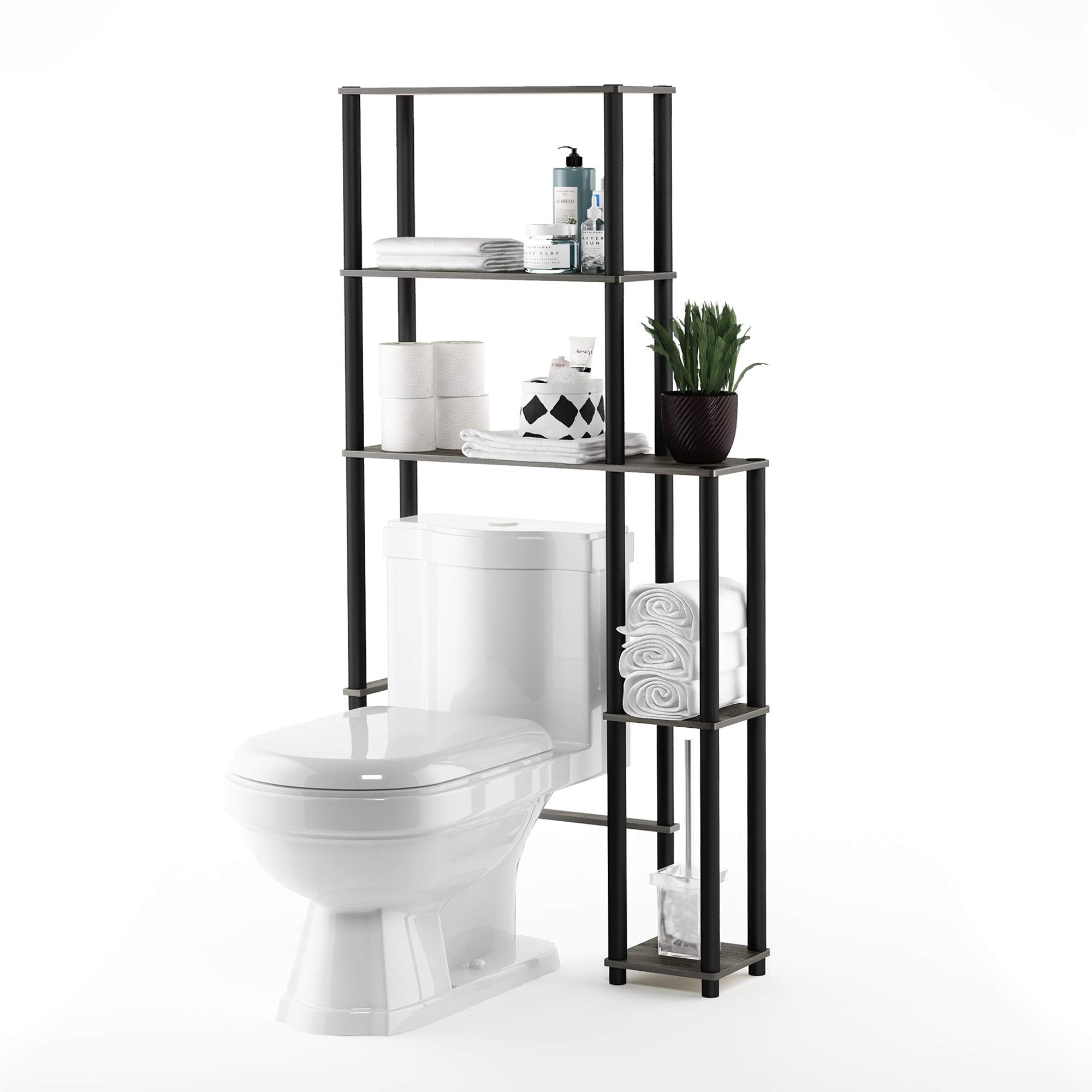Furinno Turn-N-Tube Over The Toilet Storage, 5 Shelves Bathroom Organizer Space Saver Rack, French Oak Grey/Black