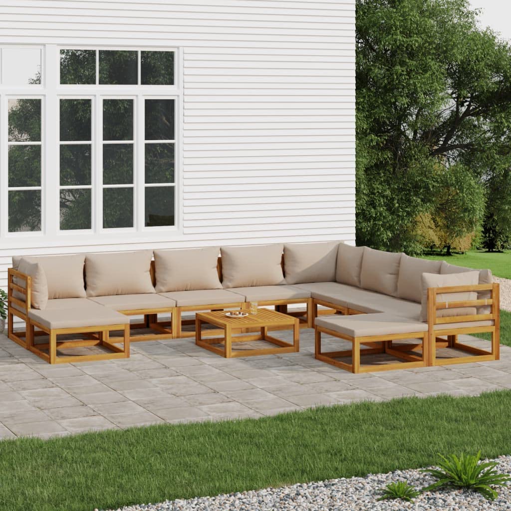 vidaXL Patio Furniture Set - 11 Piece Solid Acacia Wood Lounge Set with Coffee Table - Taupe Cushions