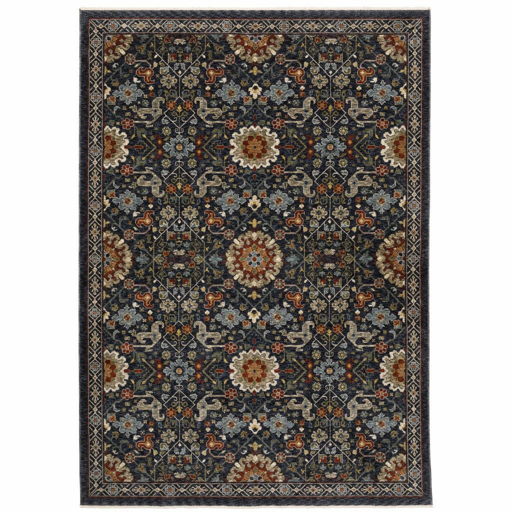 HomeRoots 507972 6 x 9 ft. Blue Red Ivory & Gold Oriental Power Loom Stain Resistant Rectangle Area Rug with Fringe