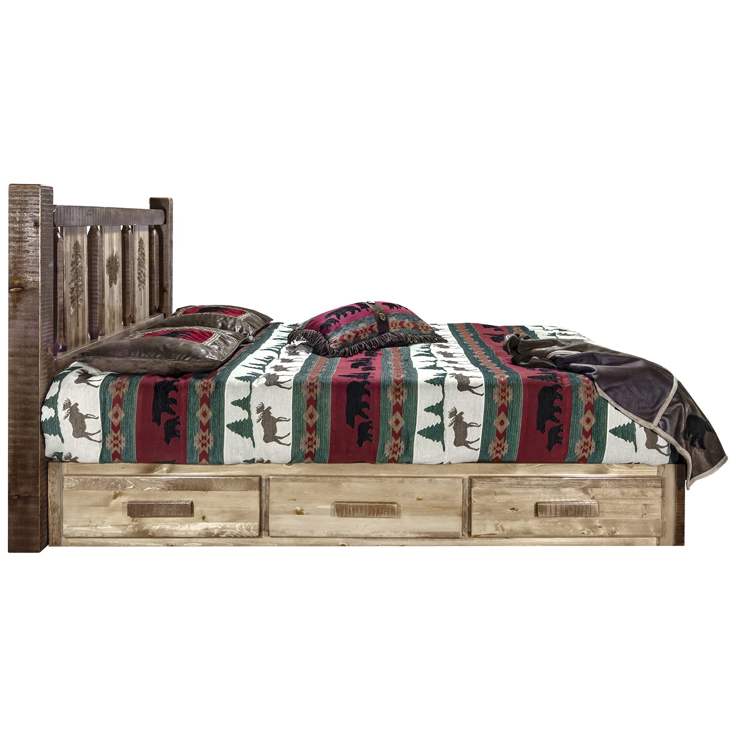 Montana Woodworks Homestead Collection Platform Bed w/Storage, California King w/Laser Engraved Pine Design, Stain & Clear Lacquer Finish