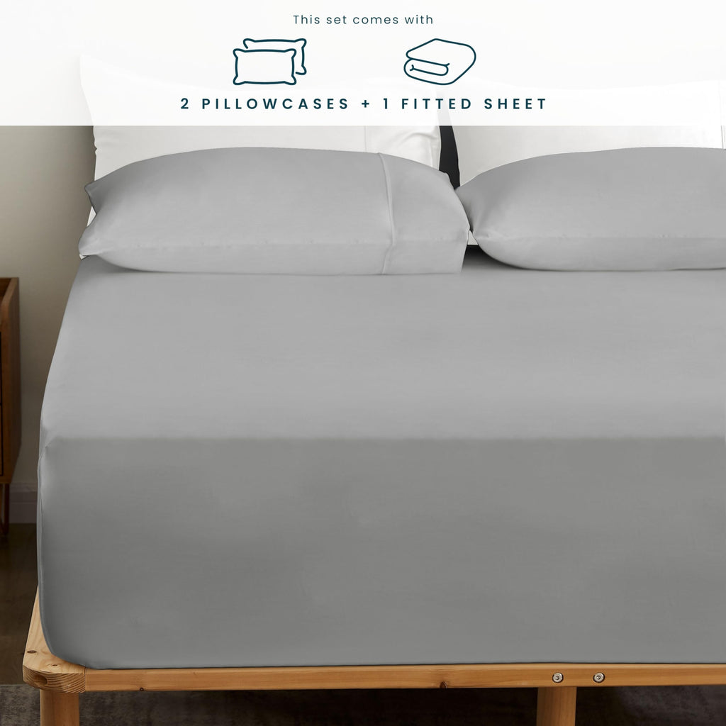 Gokotta Bamboo Rayon Fitted Sheet And Pillow Cases, Super Soft Cooling Fitted Sheet With 4 Elastic Corner Straps - 16'' Pocket F