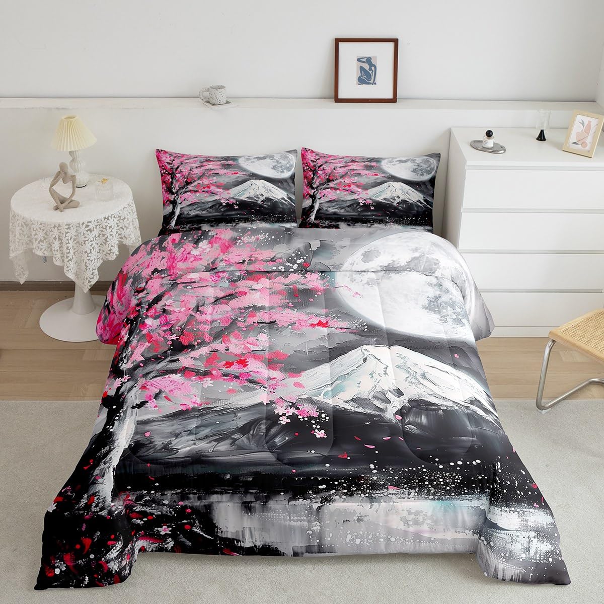 Castle Fairy Japanese Ukiyoe Comforter Set King Size Fuji Mountain Scenery Quilt Set For Women Teens Men Home Room Decor Pink Ch