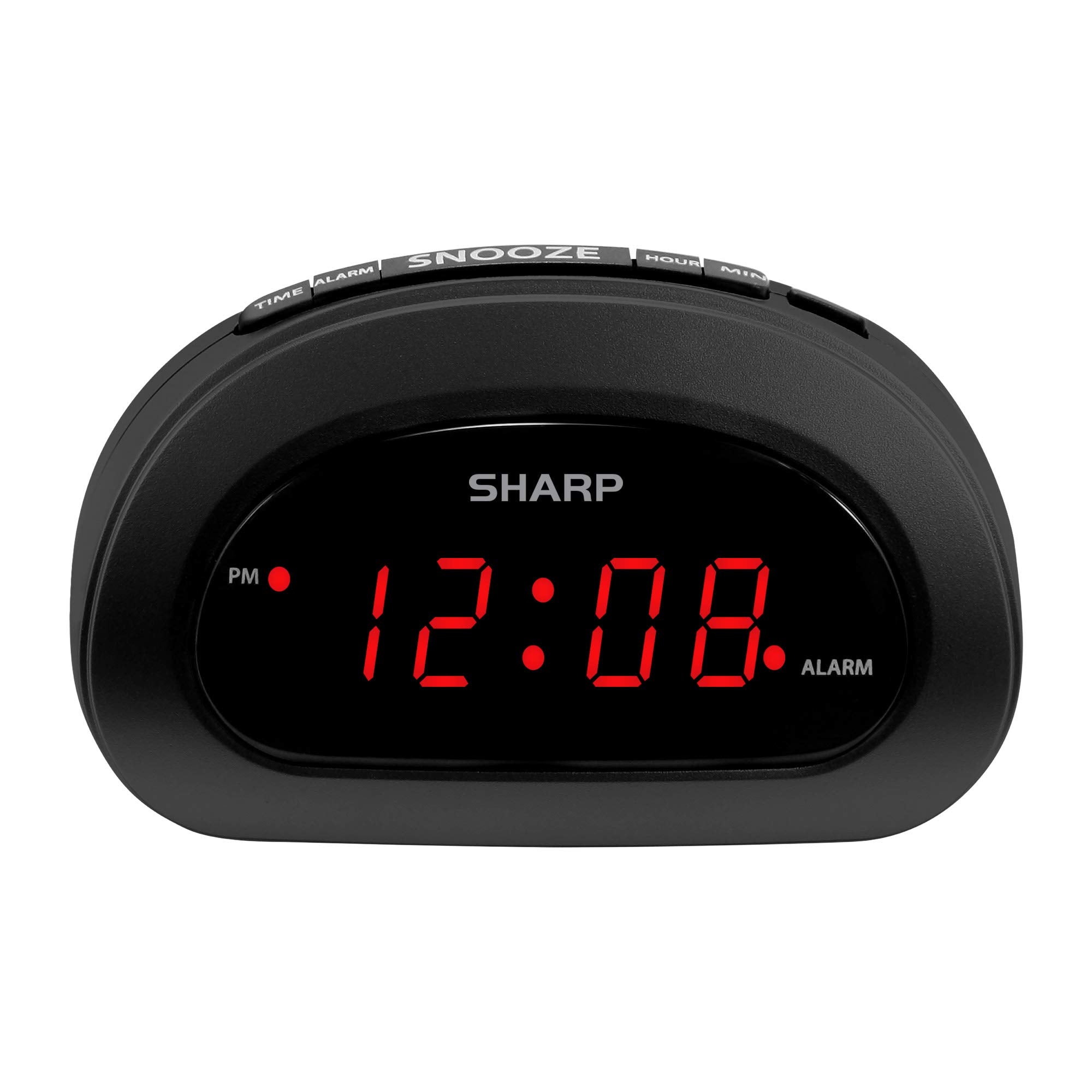 SHARP Small Digital Alarm Clock with Snooze and Battery Backup, Easy to Use Top Button Controls for Simple Use, Black Case with 