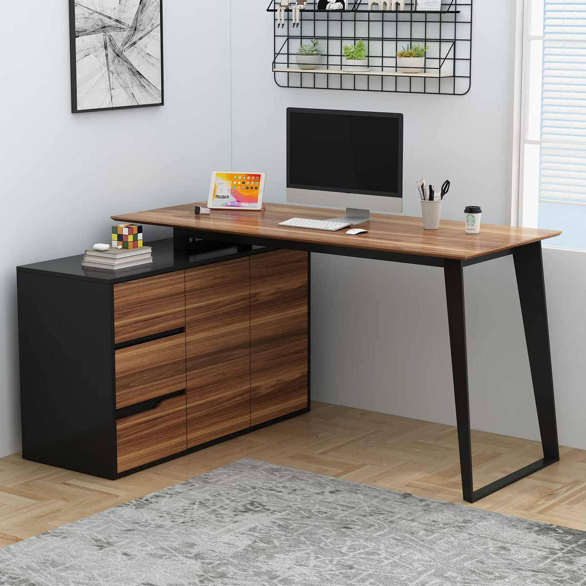 Homsee Home Office Computer Desk Corner Desk with 3 Drawers, 2 Shelves & 2 Doors, 55 Inch Large L-Shaped Study Writing Table wit