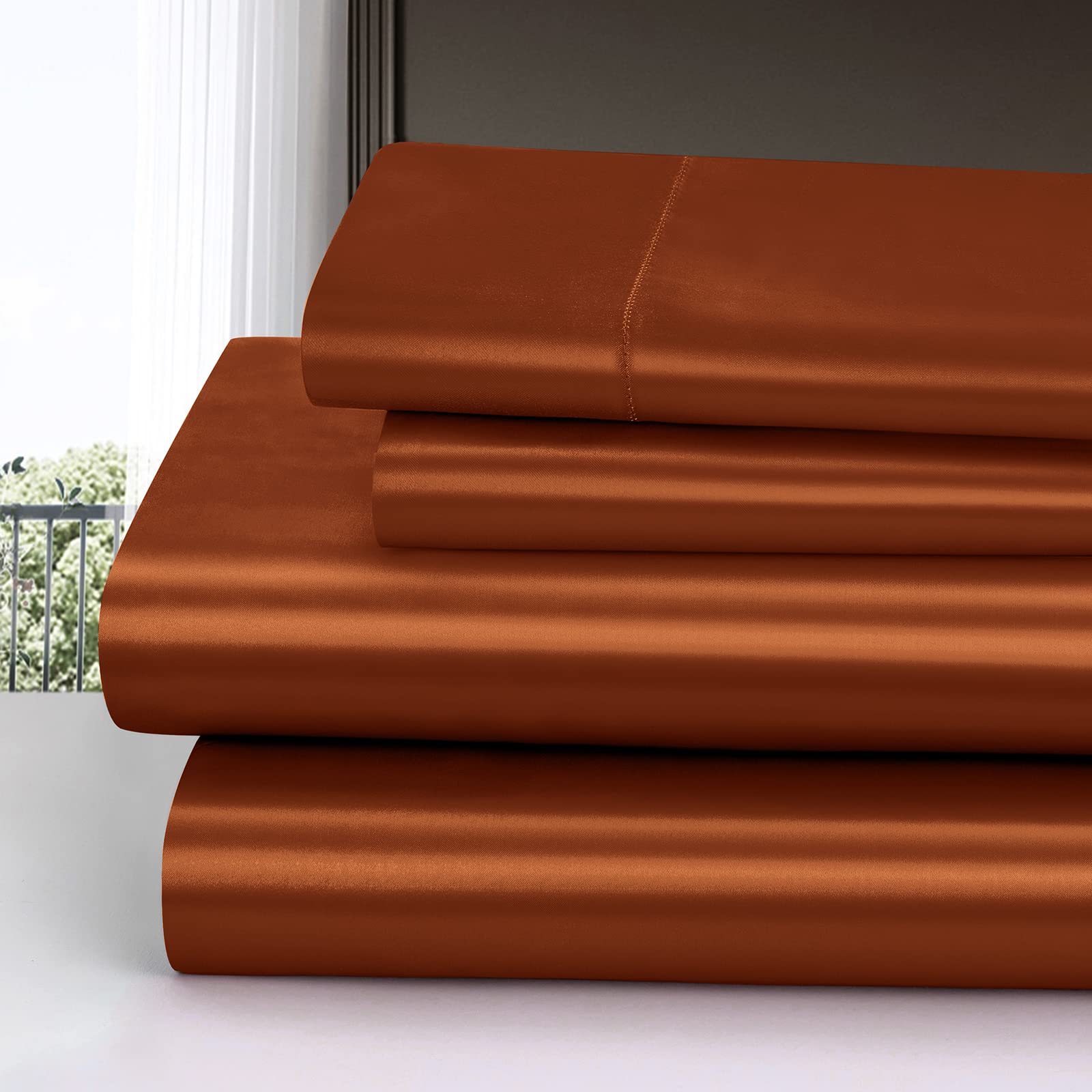 Homiest 4Pcs Satin Sheets Set Luxury Silky Satin Bedding Set With Deep Pocket, 1 Fitted Sheet + 1 Flat Sheet + 2 Pillowcases (Full Size, Burnt Orange)
