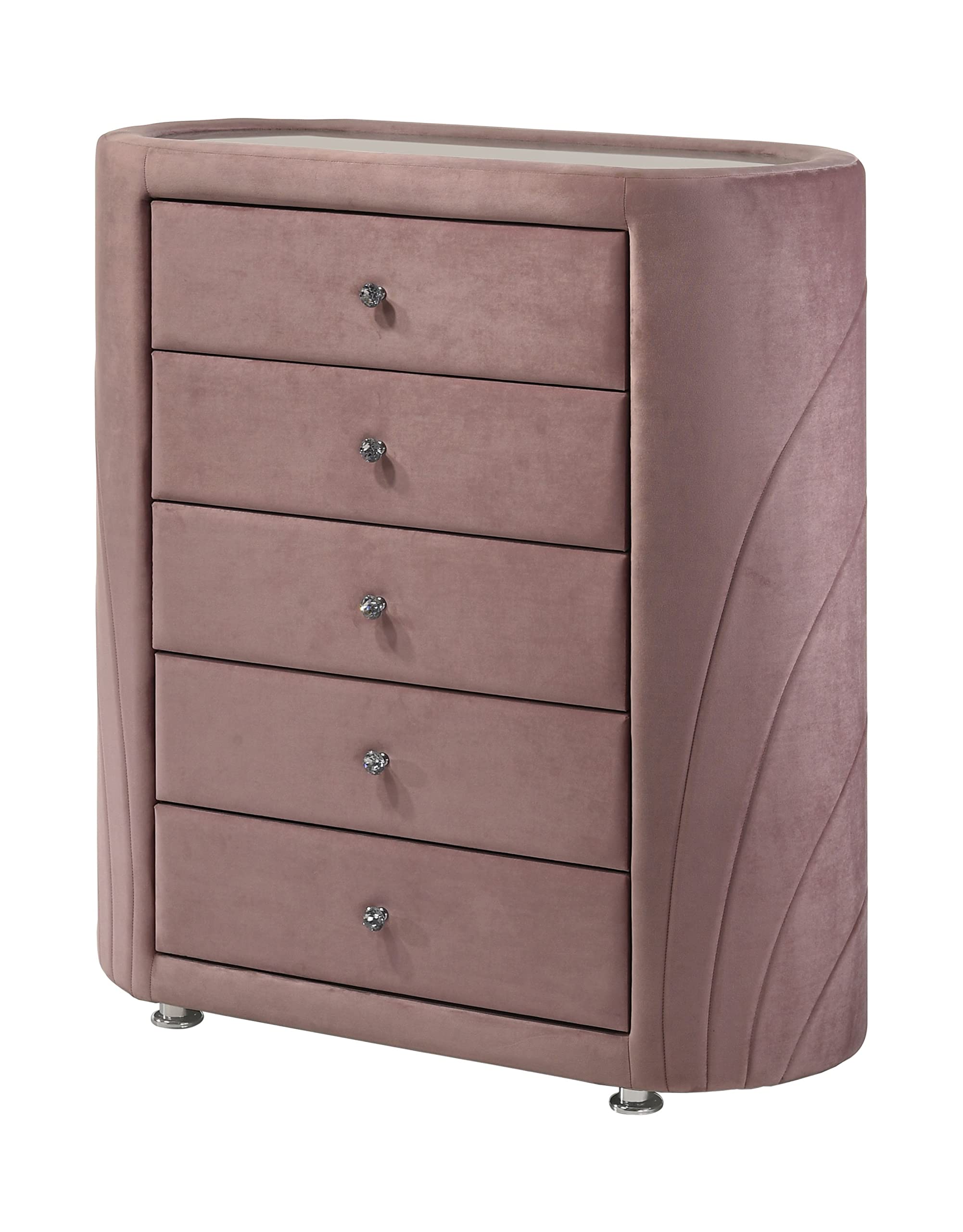 Acme Salonia 5 Drawers Velvet Upholstery Chest with Mirror Top in Pink