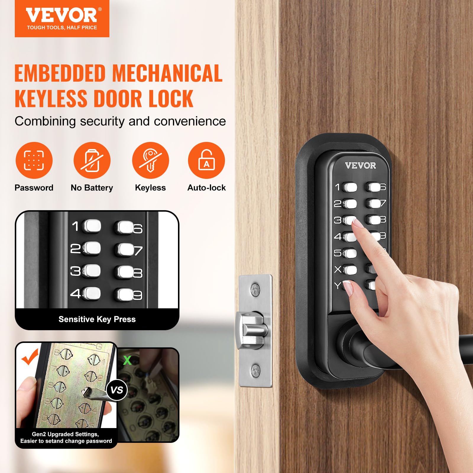 Vevor Mechanical Keyless Entry Door Lock, 14 Digit Keypad, Water-Proof Zinc Alloy, Embedded Outdoor Gate Door Locks Set With Key