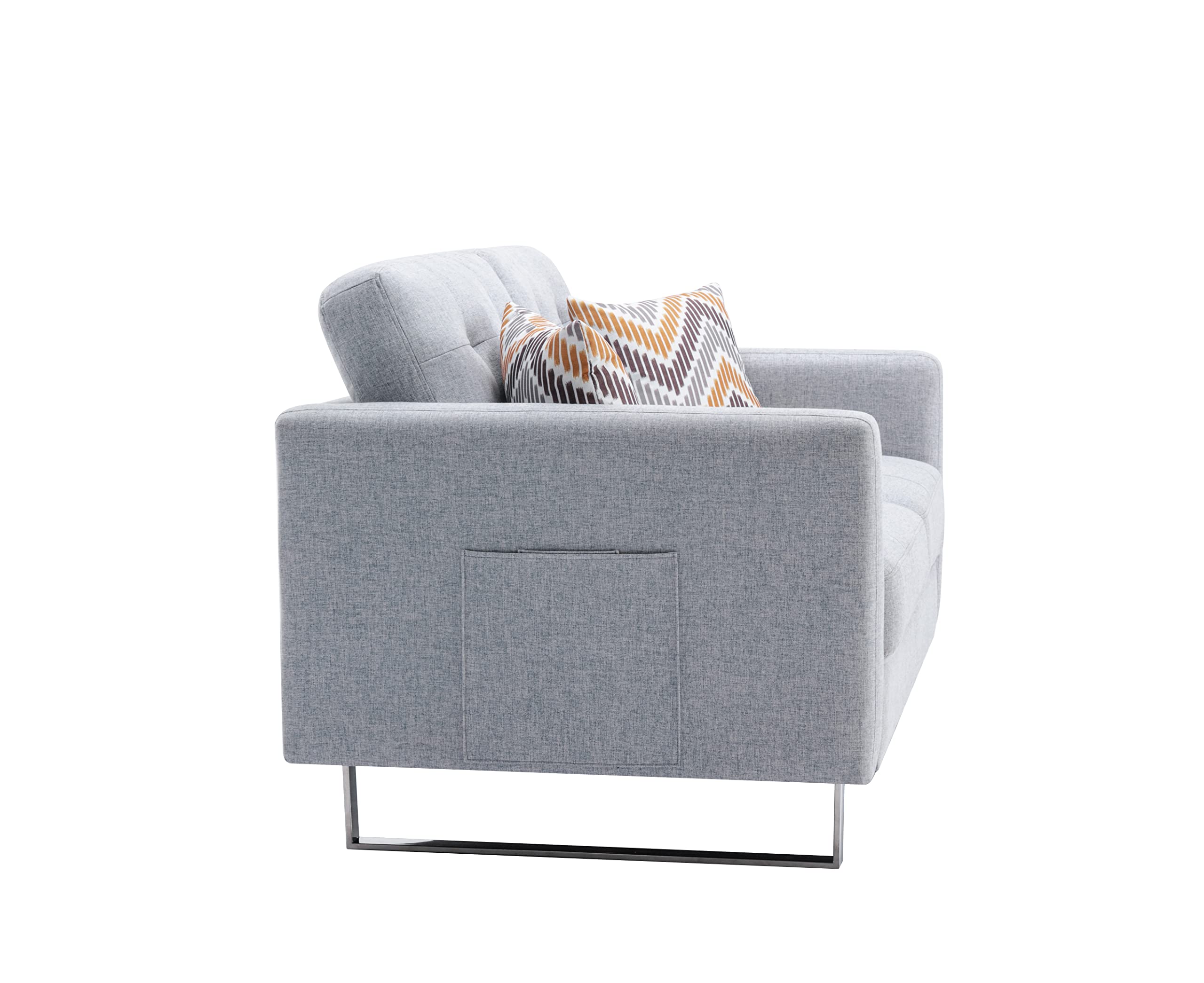 Lilola Home Victoria Light Gray Linen Fabric Loveseat with Metal Legs, Side Pockets, and Pillows