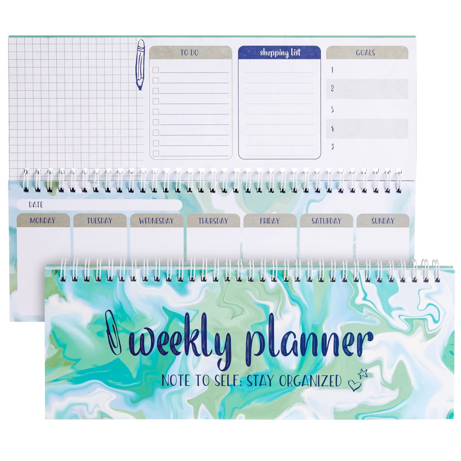 Paper Junkie Undated Weekly Planner, Goals, Shopping, To Do List, Horizontal Desk Calendar (Spiral Bound, 12 X 4 In)