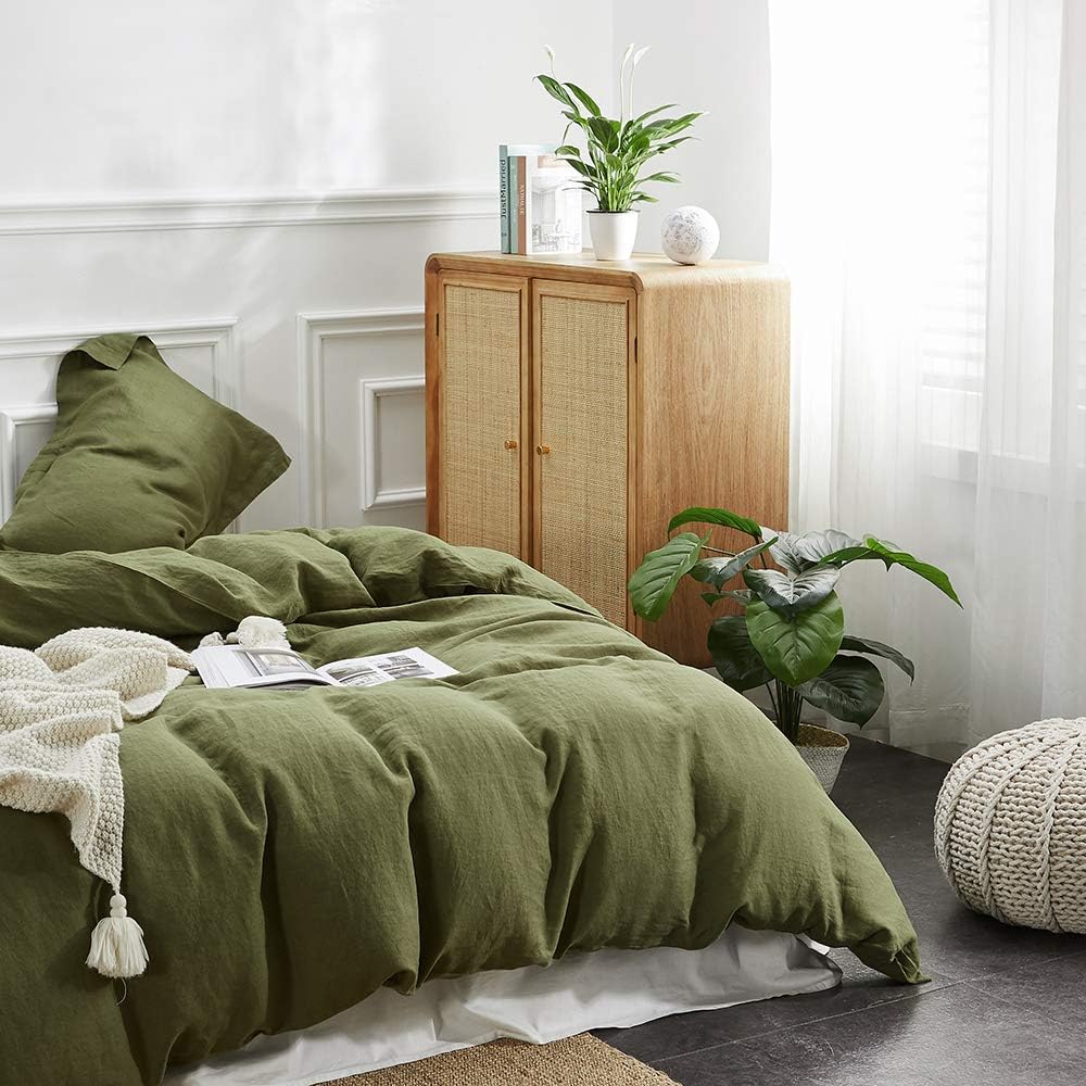 Simple&Opulence 100% Linen Duvet Cover Set, Pure Natural French Flax Olive Green Duvet Cover Twin Size, Breathable Soft Comfy Li