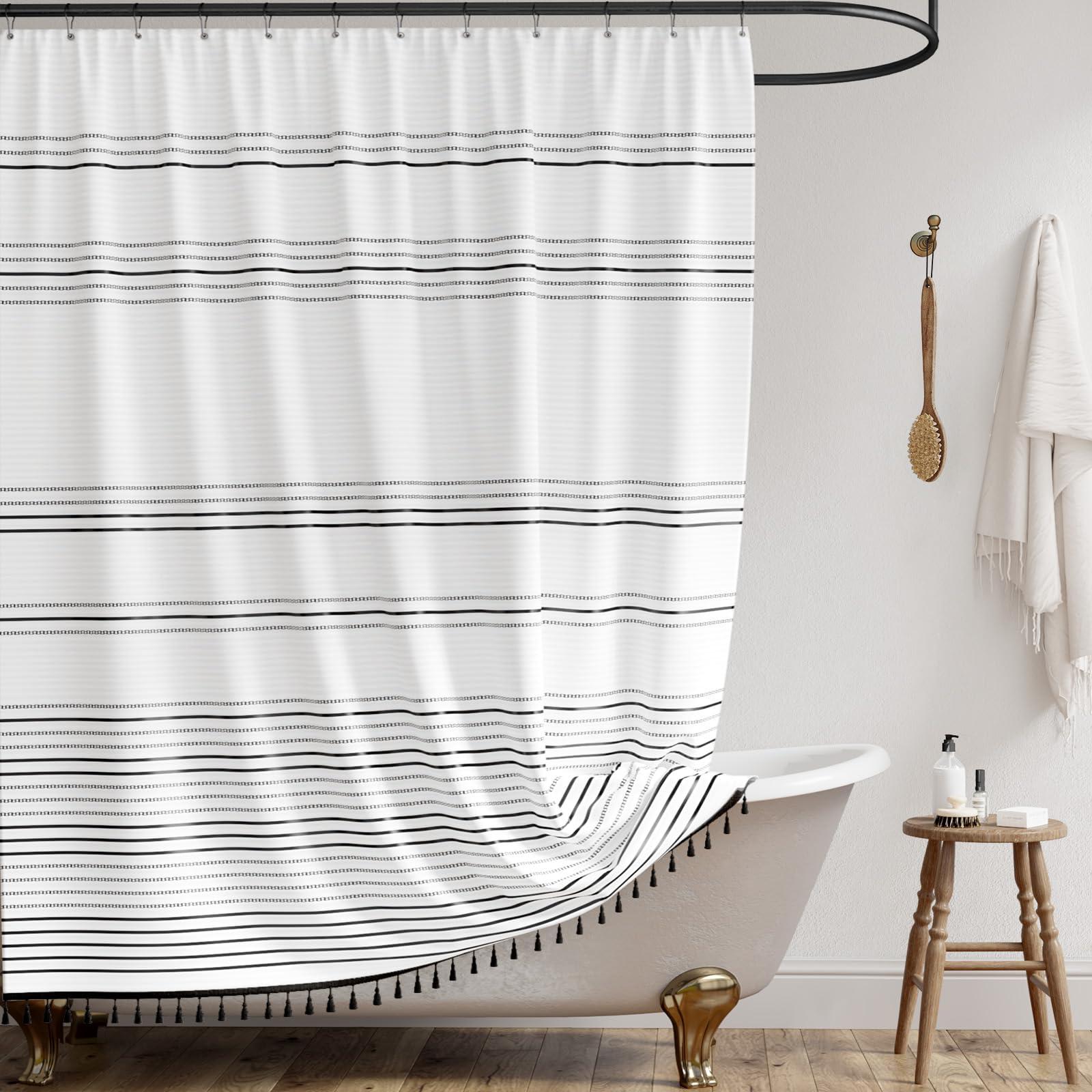 jinchan Black and White Boho Shower Curtain with Tassels Fabric Striped Shower Curtain for Bathroom Modern Shower Curtain Waterp