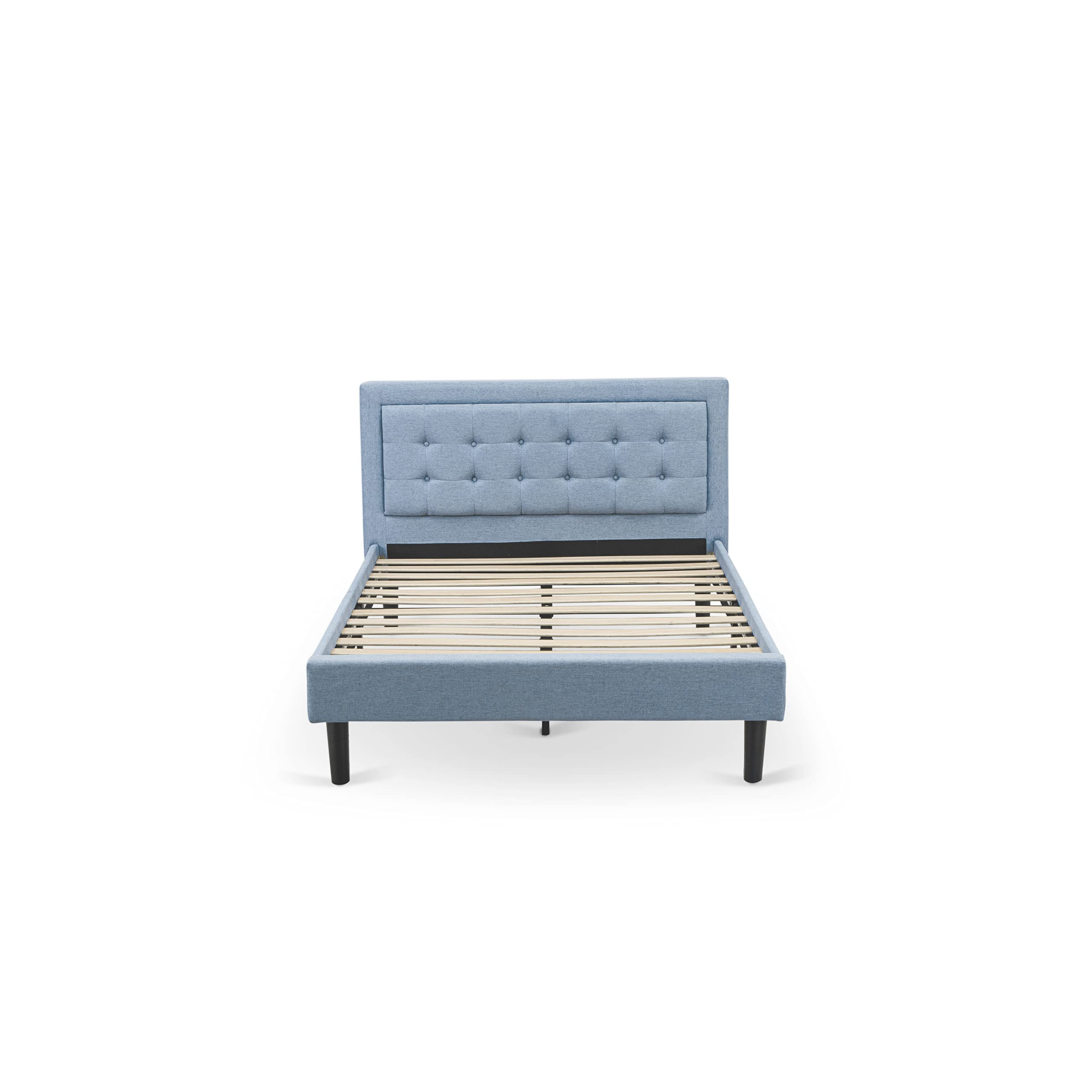 East West Furniture FNF-11-F Platform Full Bed Frame - Denim Blue Linen Fabric Upholstered Bed Headboard with Button Tufted Trim Design - Black Legs