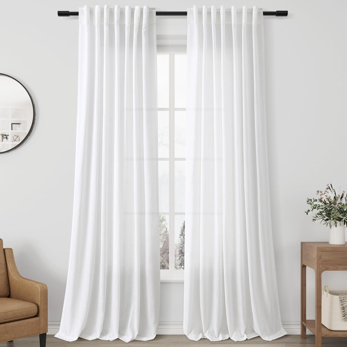 Aersas White Linen Textured Long Curtains For Living Room 108 Inch Length 2 Panel Set Back Tab Pocket French Country Semi Sheer