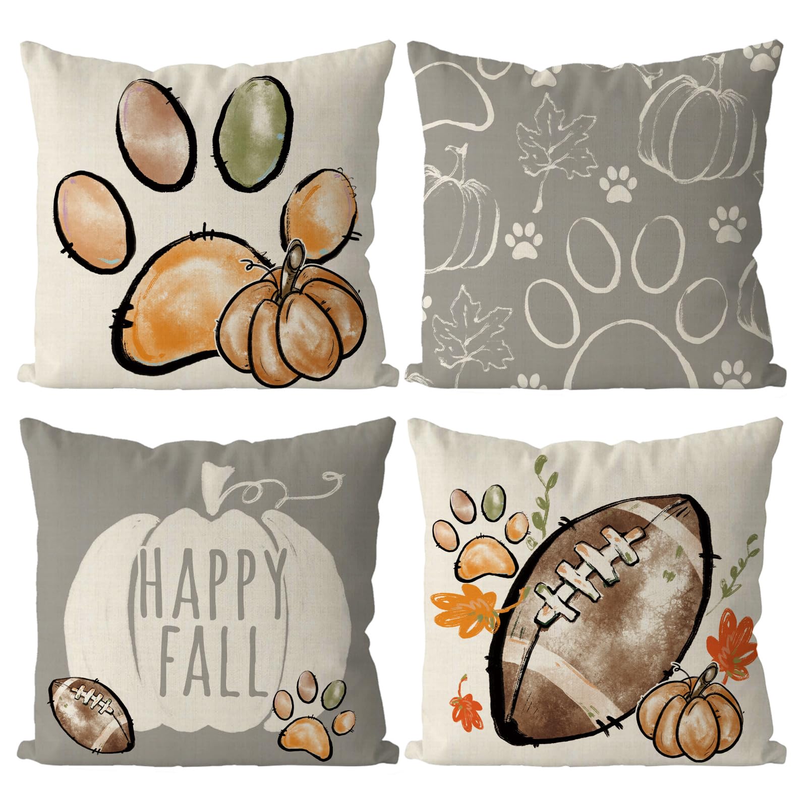 Qiong Meng Fall Pillow Covers 16X16 Inch Set Of 4 Football Dog Paws Throw Pillow Covers Pumpkins Autumn Harvest Pillowcase Farmh