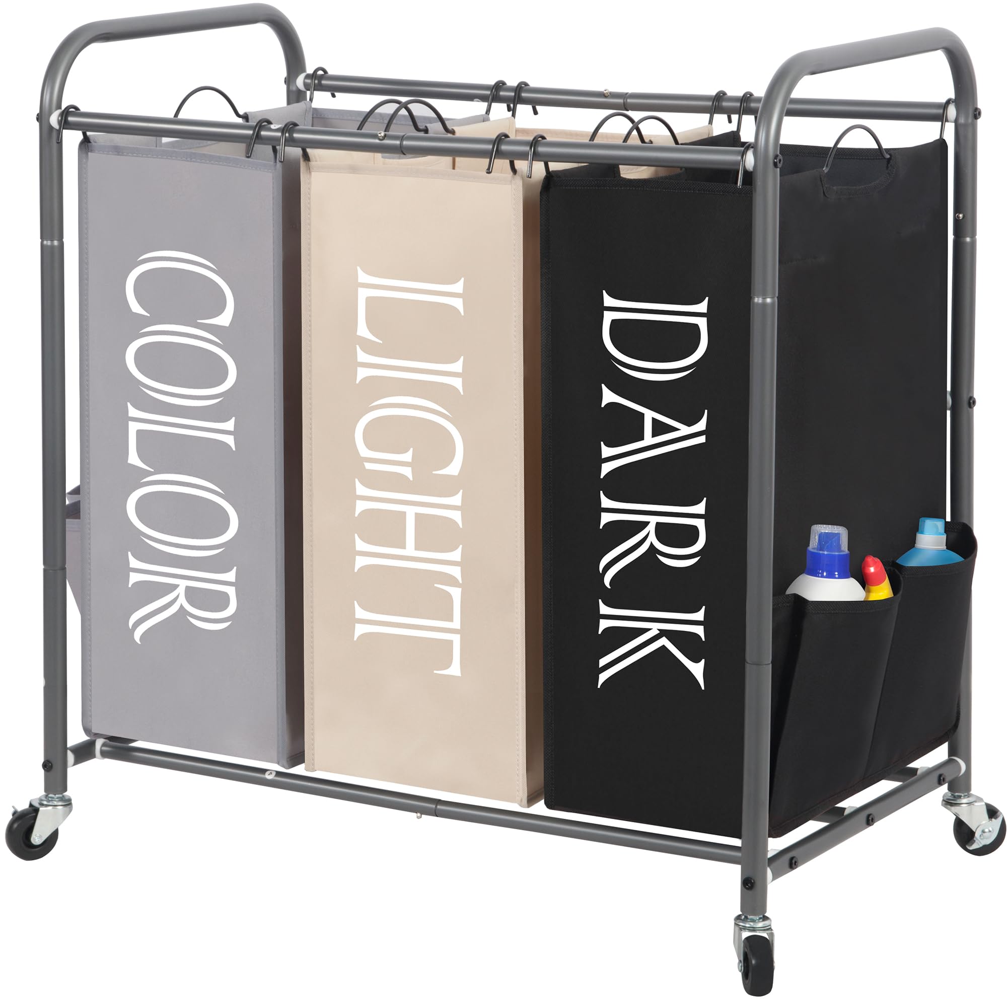 STORAGE MANIAC 3 Section Laundry Sorter, 3 Bag Laundry Hamper Cart with Heavy Duty Rolling Lockable Wheels and Removable Bags, L