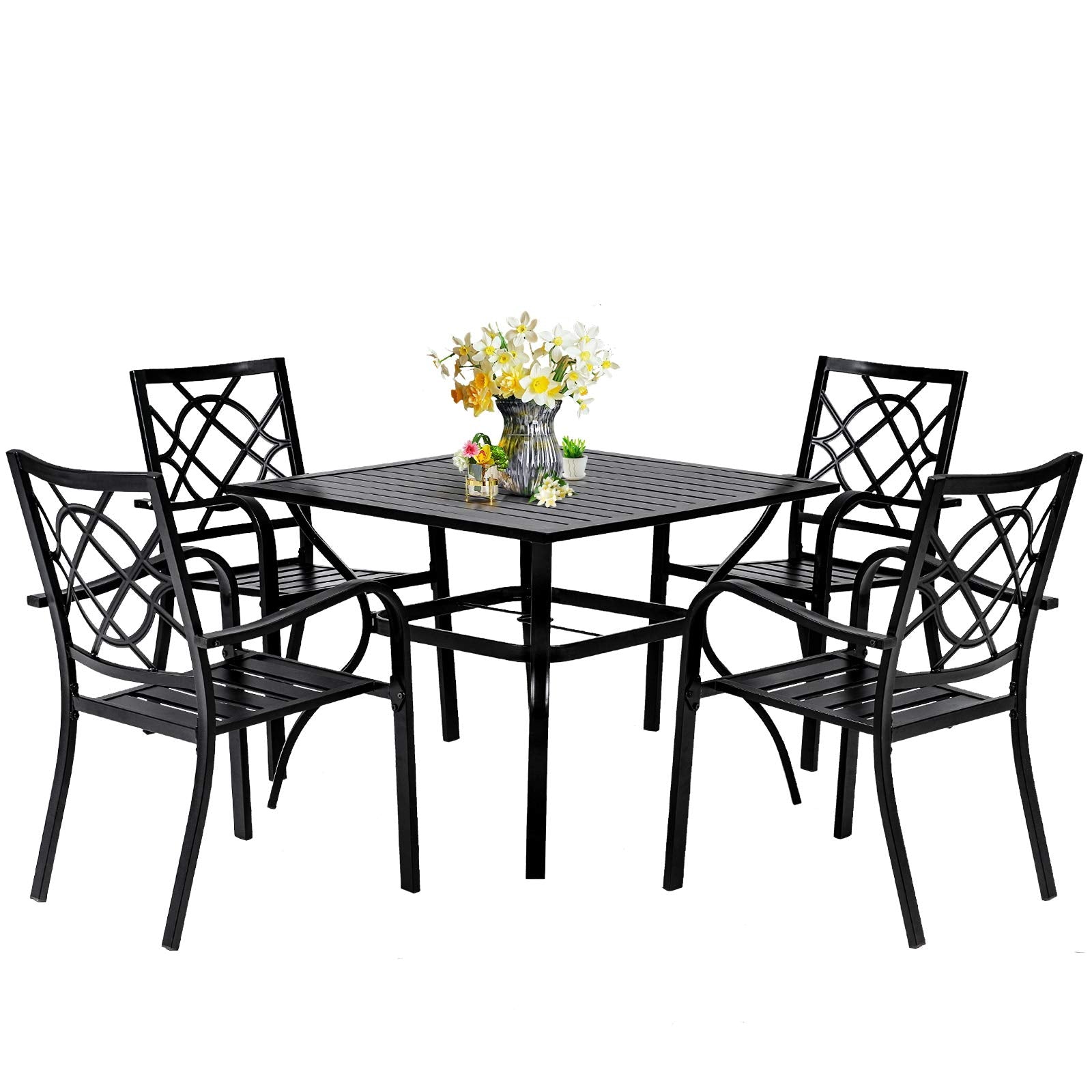 Suncrown 5-Piece Outdoor Wrought Iron Chairs And Table Patio Dining Furniture Set - 4 Stackable Metal Chairs, 1 Steel Slat Bistro Table For Garden Backyard Deck