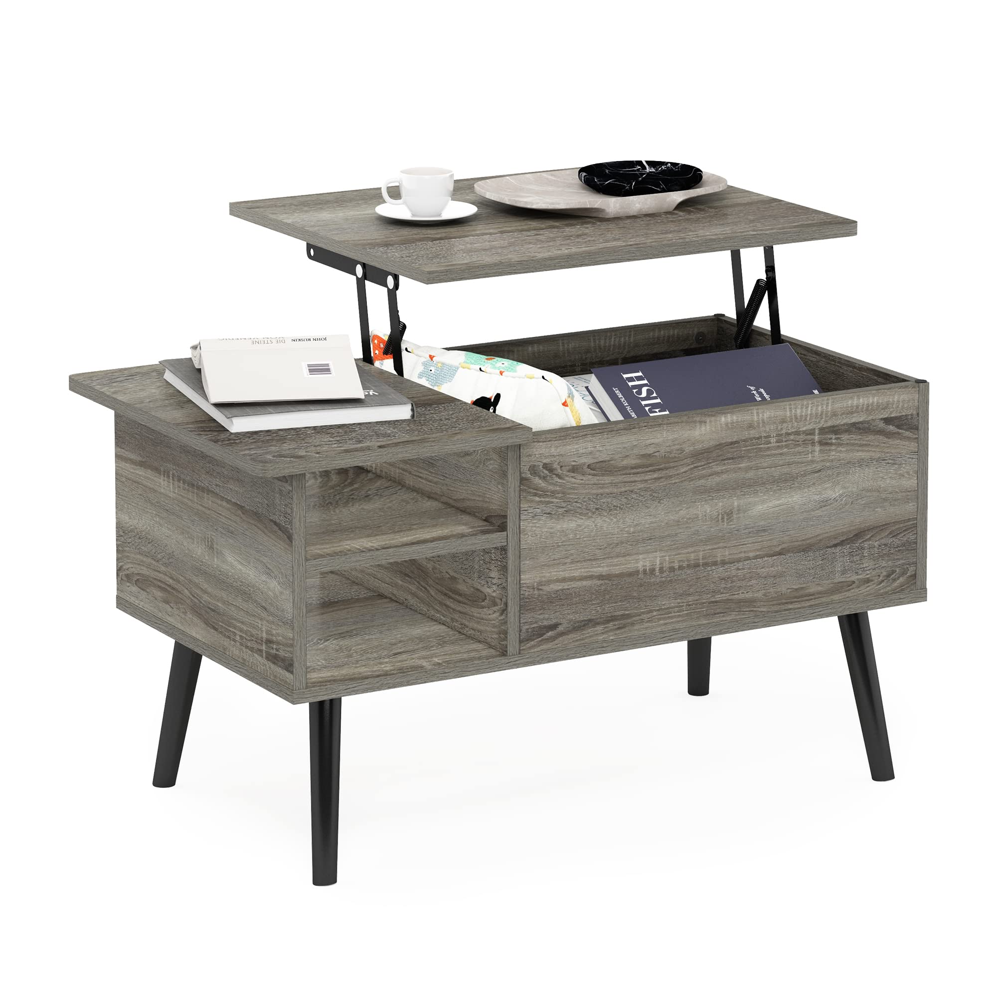 Furinno Jensen Living Room Wooden Leg Lift Top Coffee Table With Hidden Compartment and Side Open Storage Shelf, French Oak Grey