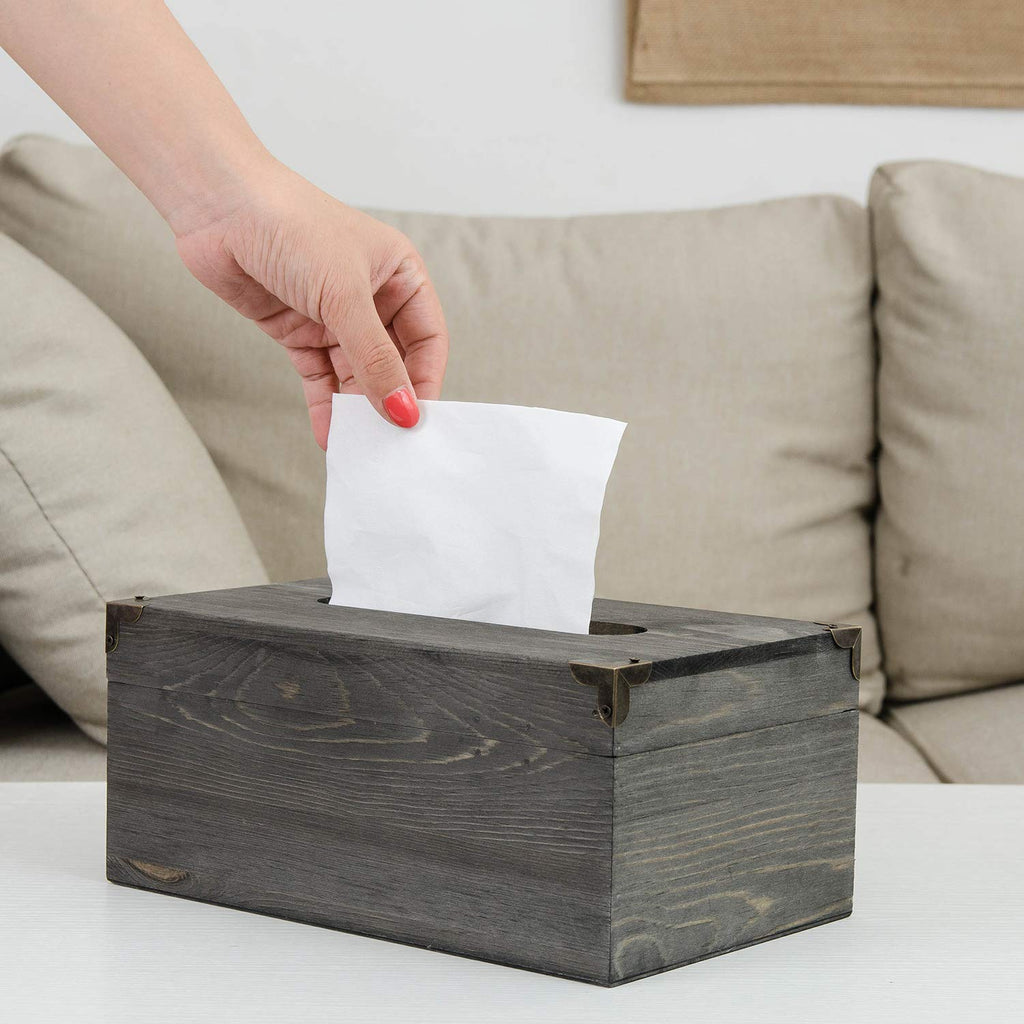 Liry Products Rustic Gray Distressed Wood Facial Tissue Paper Box Metal Corner Brackets Hinge Lid Top Cover Torched Wooden Holde