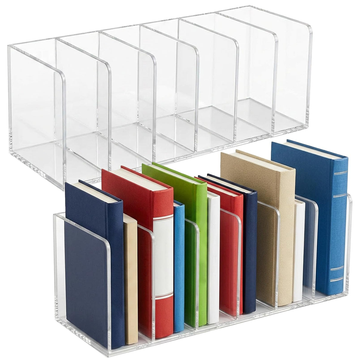 GEFEDESUL 2 Pcs Clear Acrylic Magazine Holder, 6 Vertical Compartments Desk Organizer, Book Rack Document Sorter Folder, Office 