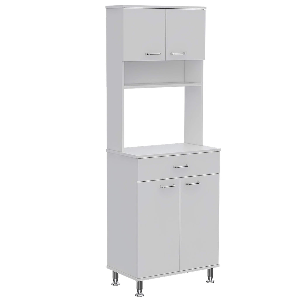 Pantry Cabinet 67" H, 4 Doors, 1 Drawer, 3 Internal Shelves, 2 External Storage Shelves, Microwave Storage Option, 4 Legs, White