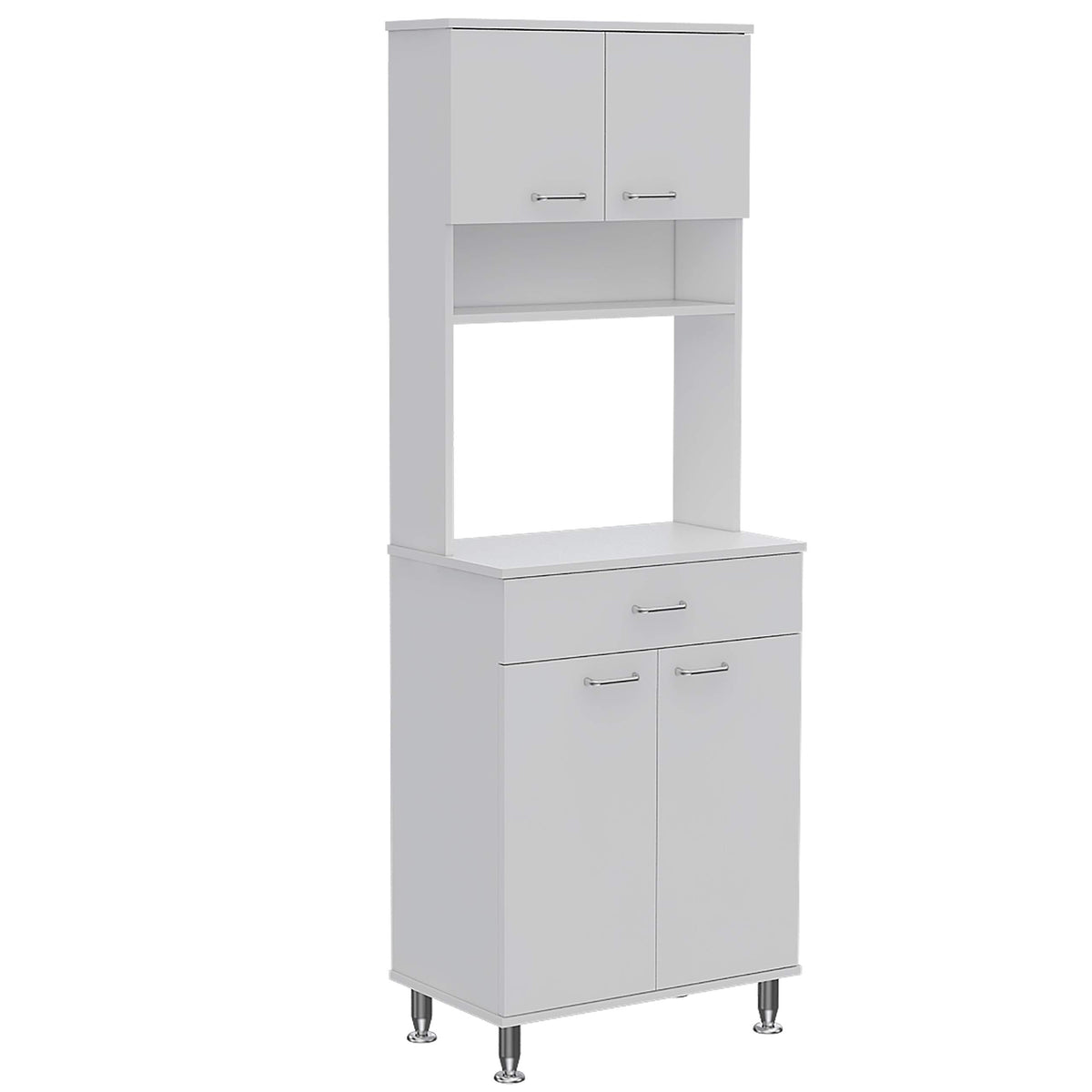 Pantry Cabinet 67&quot; H, 4 Doors, 1 Drawer, 3 Internal Shelves, 2 External Storage Shelves, Microwave Storage Option, 4 Legs, White