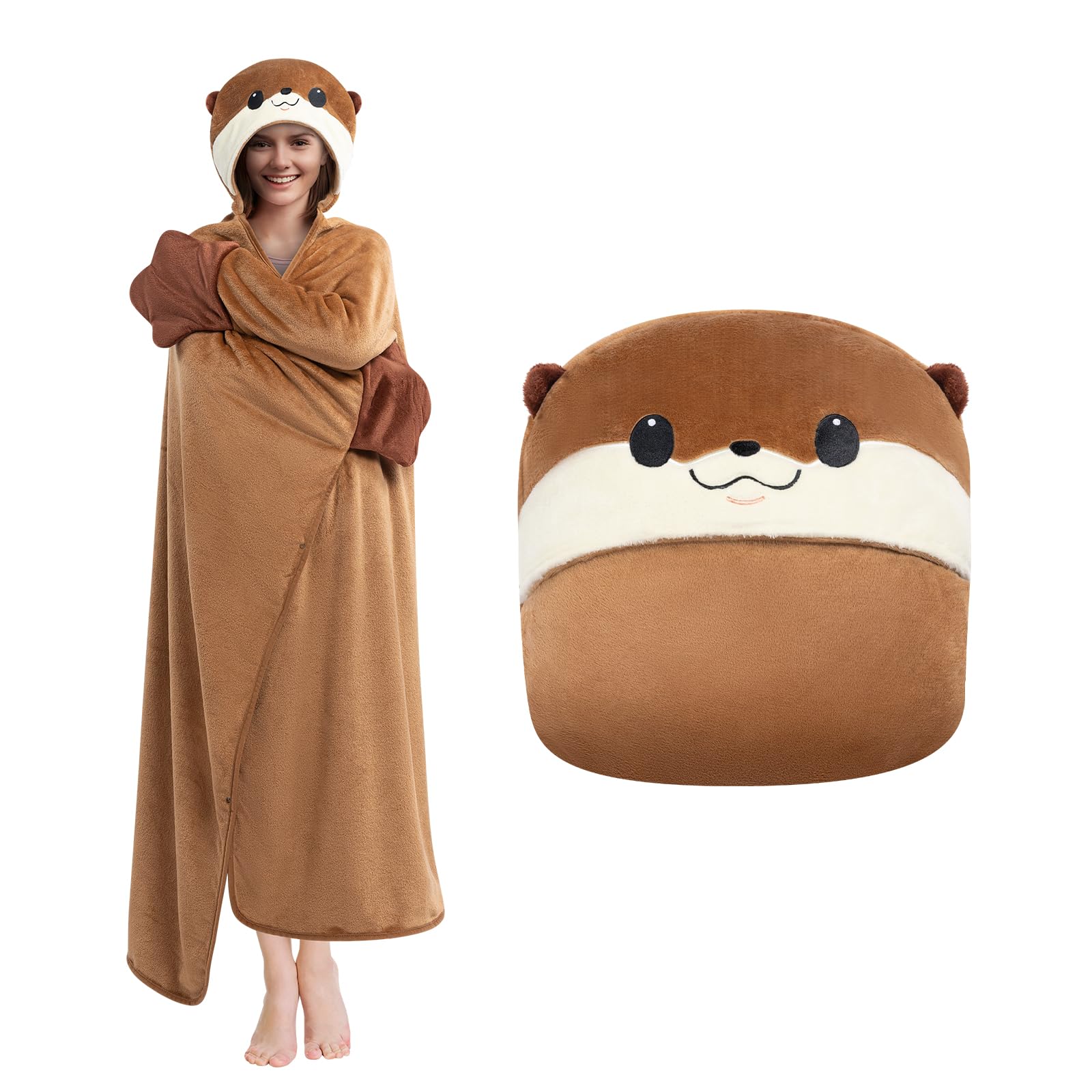 Mewaii Otter Wearable Hooded Blanket, Soft Flannel Throw Blanket Cloak Wrap, Oversize Otter Costume Outfits, Cozy Warm Adult Ani