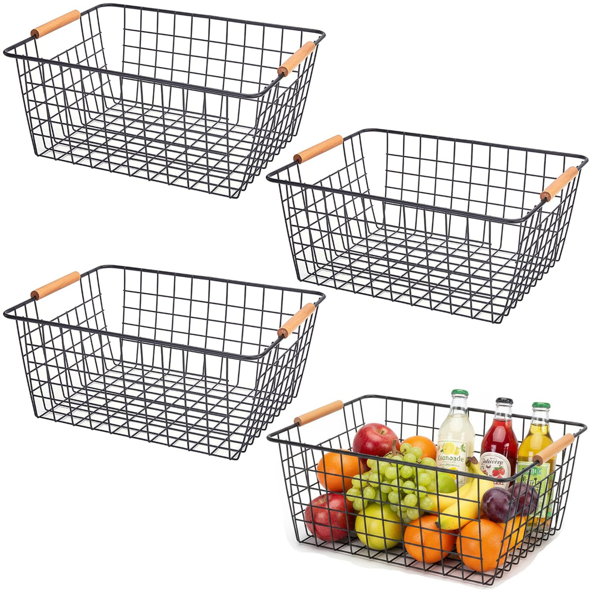 HDYOUDO 4 Pack Black Large Wire Baskets for Organization Metal Wire Food Storage Basket Organizer with Wooden Handles for Organi