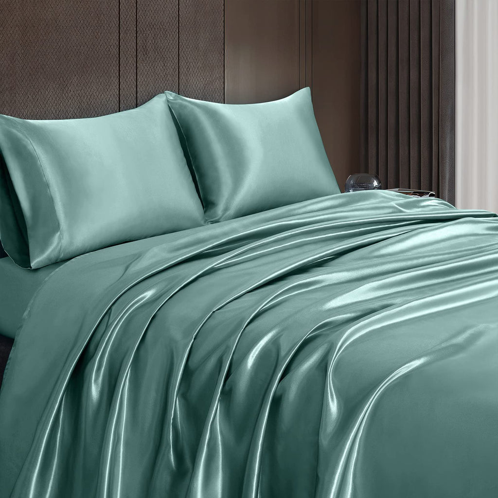 Homiest 3Pcs Satin Sheets Set Luxury Silky Satin Bedding Set With Deep Pocket, 1 Fitted Sheet + 1 Flat Sheet + 1 Pillowcase (Twin Size, Greyish Green)