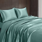 Homiest 4Pcs Satin Sheets Set Luxury Silky Satin Bedding Set With Deep Pocket, 1 Fitted Sheet + 1 Flat Sheet + 2 Pillowcases (Queen Size, Greyish Green)