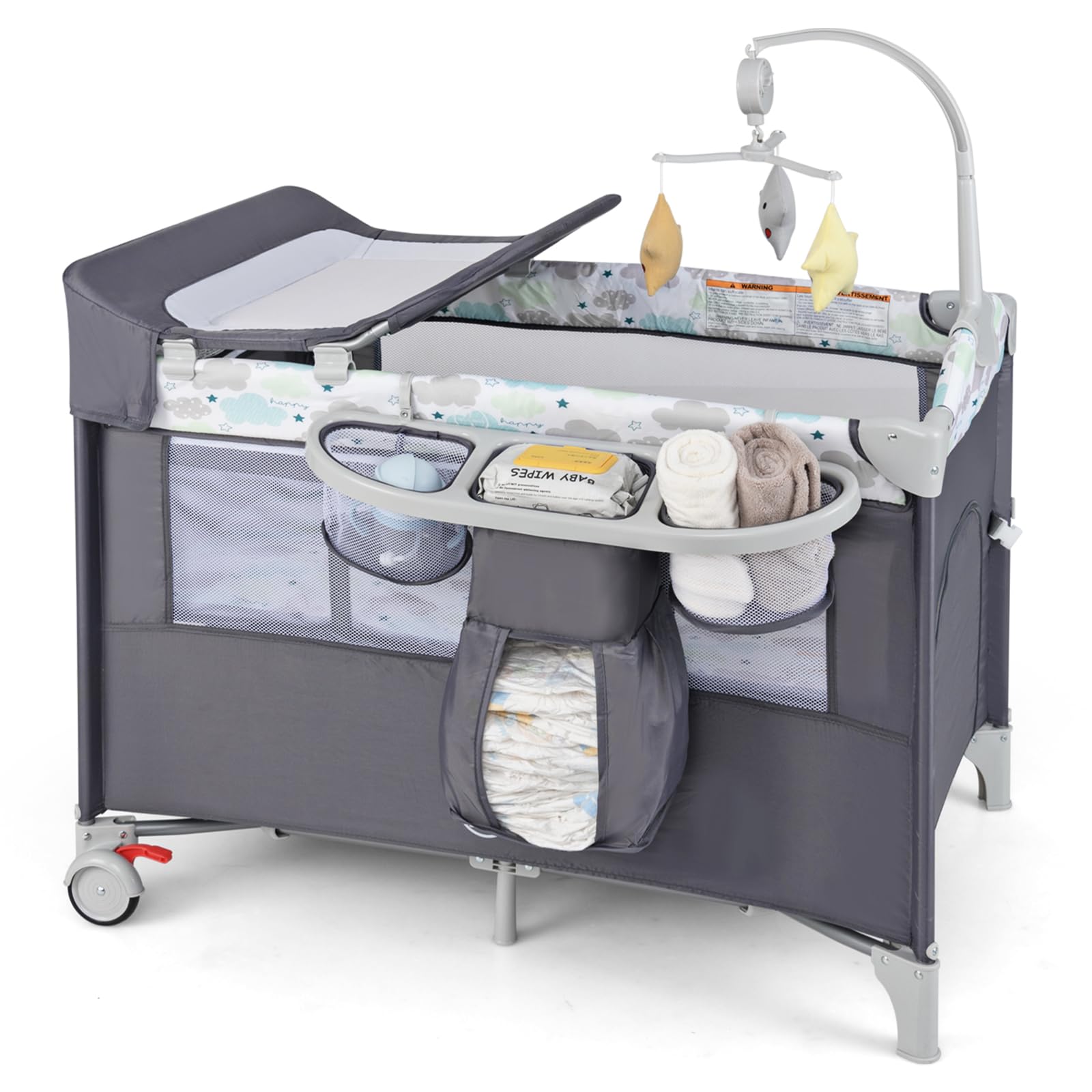 HONEY JOY Pack and Play with Bassinet, 5-in-1 Baby Bedside Sleeper w/Diaper Changing Table & Storage Bag, Toy Arch & Music Box, 