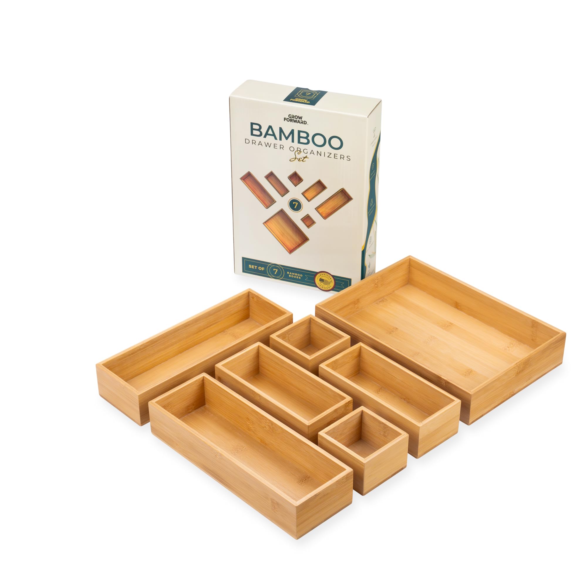 Grow Forward Bamboo Drawer Organizer Boxes - Set Of 7 Wooden Drawer Organizers For Kitchen, Bathroom, Office, Desk, Vanity, Make