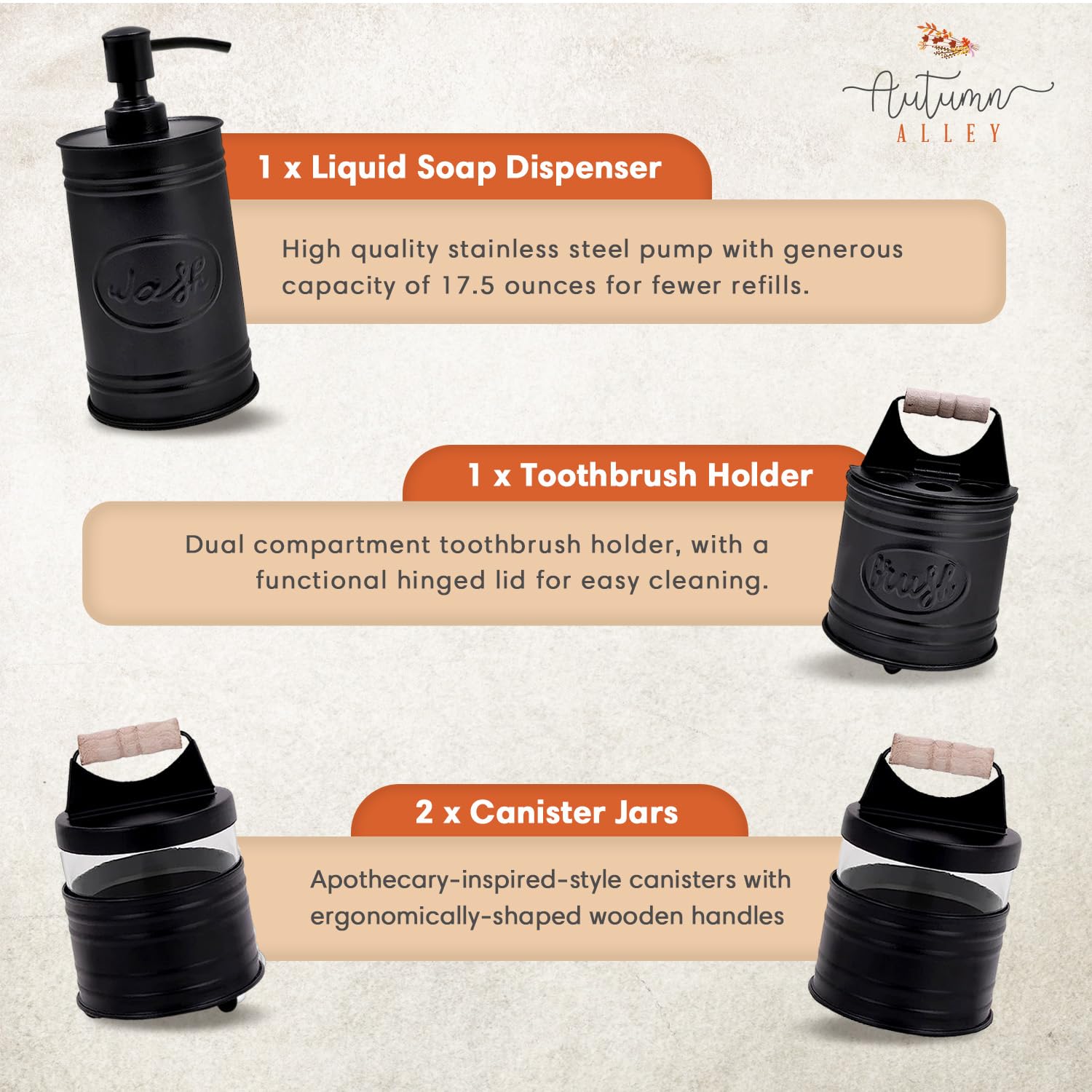 Autumn Alley Rustic Bathroom Accessories Set 4 - Black Farmhouse Soap Dispenser, Rustic Toothbrush Holder, 2 Apothecary Jars Qti