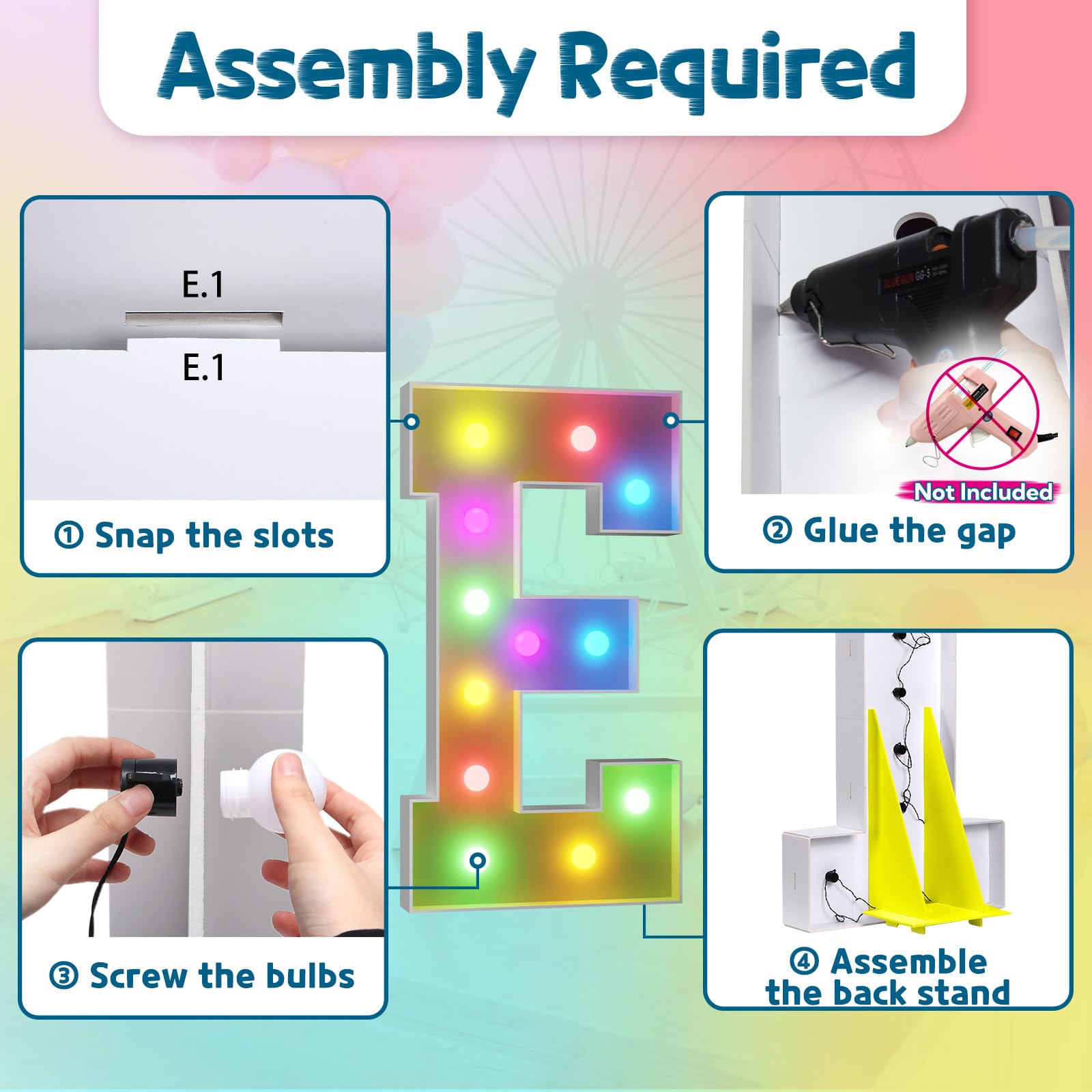 Imprsv 4Ft Colorful Marquee Light Up Letters E, 18 Colors Light Up Letters Alphabet Sign With Remote, Marry Me Light Up Letters,