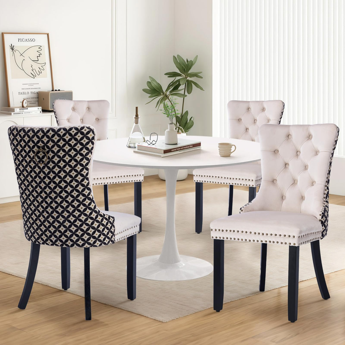 5-Pieces 42' Round Dining Table Set For 4, White Dining Table & 4 Velvet Upholstered Dining Chairs For Kitchen Dining Room Apar