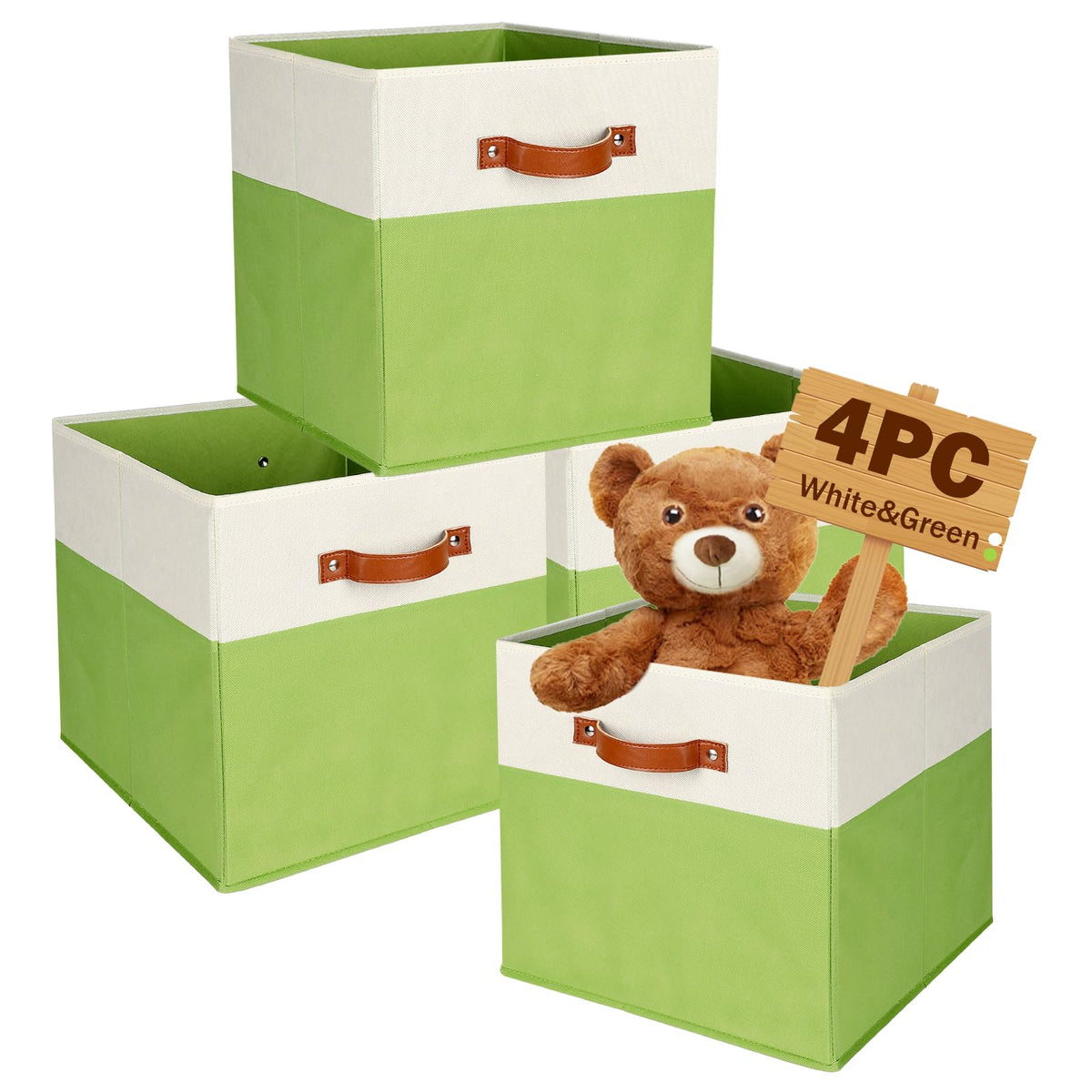 SimpliBins 13x13x13 Storage Cubes Bins 4 Pack, Upgrade Collapsible Fabric Storage Cubes with PU Handle, Simple Cubical Storage B