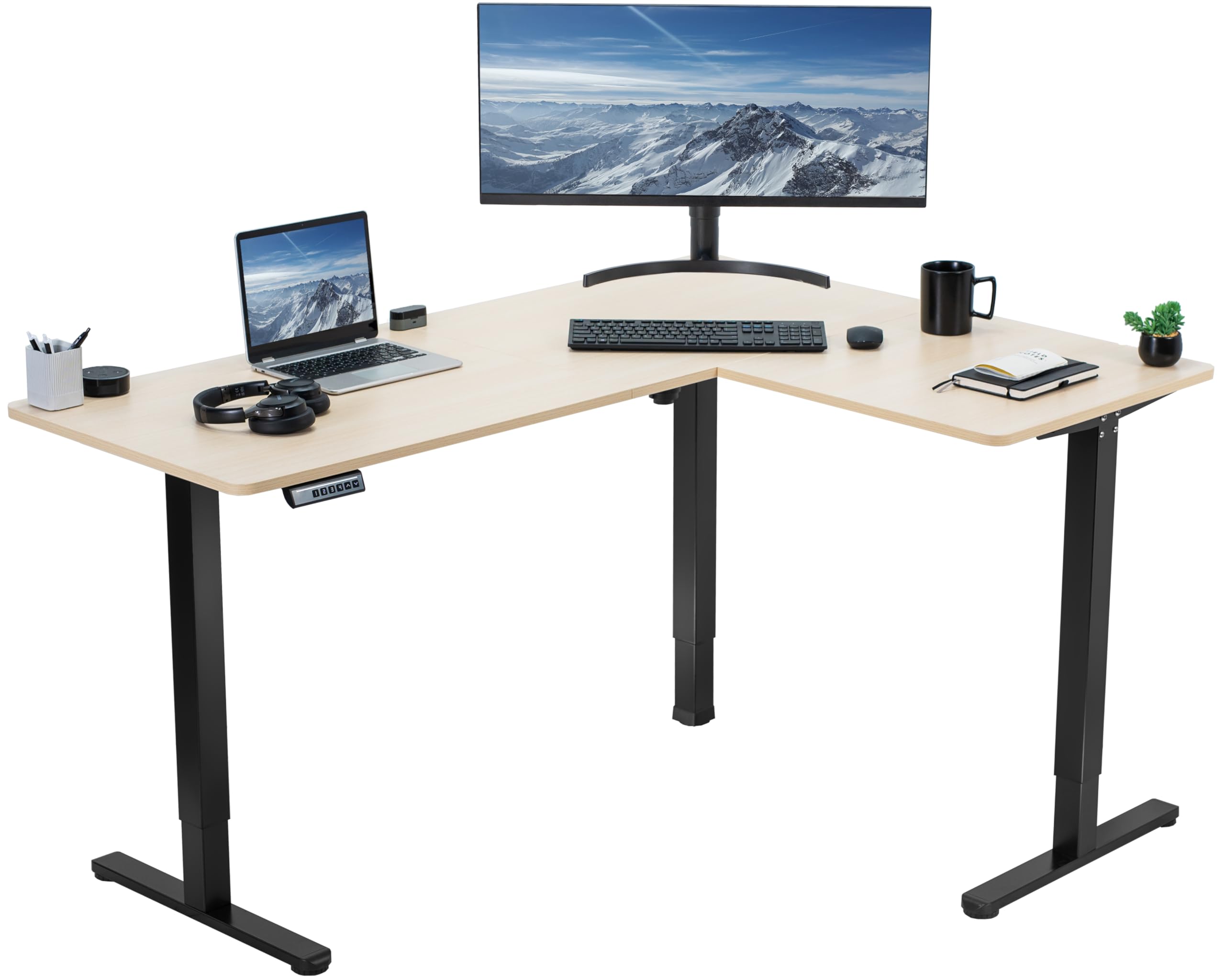VIVO Electric Corner 63 x 47 inch L-Shaped Standing Desk, Memory Height Adjustment, Light Wood Top Black Frame, DESK-E3CTC-47