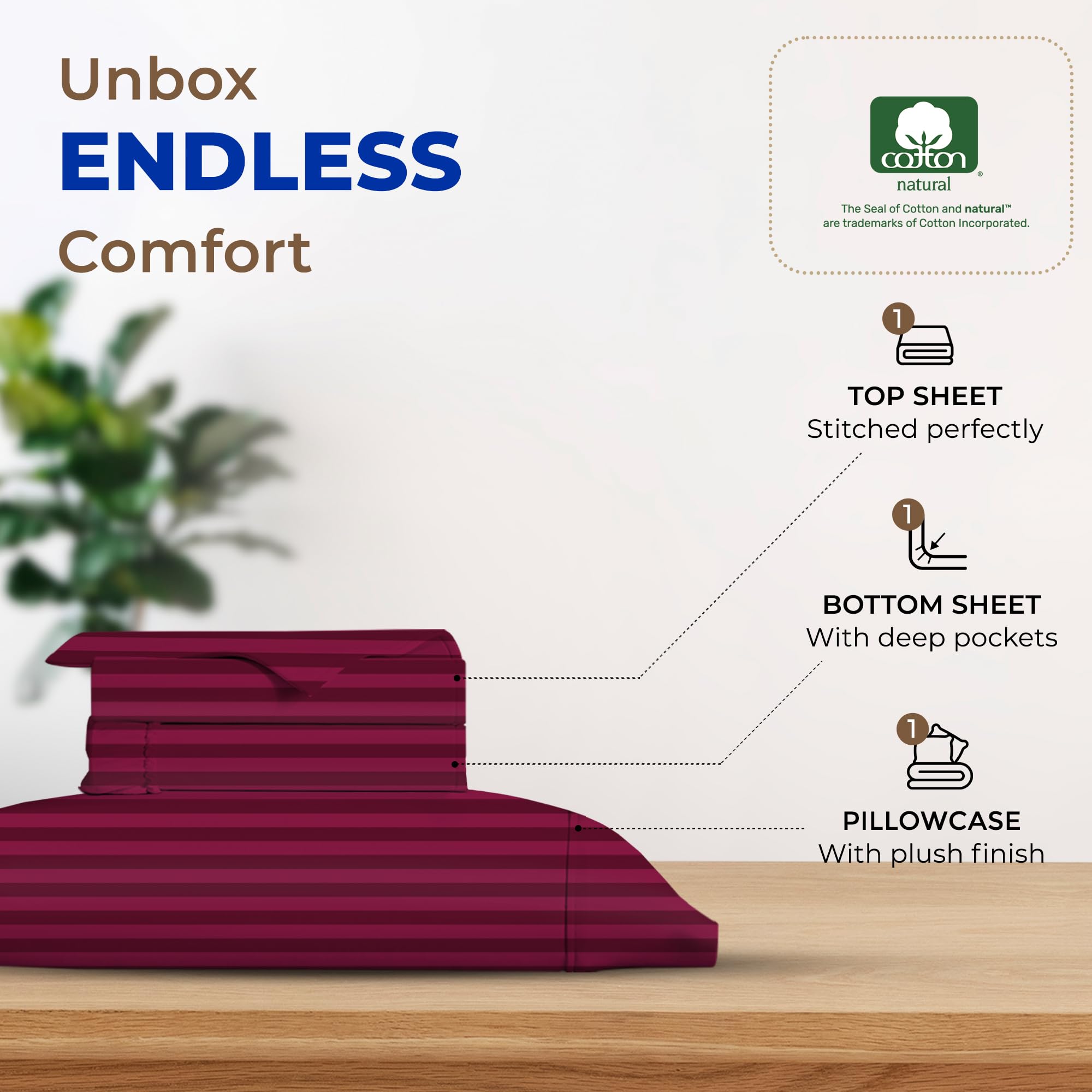 Thread Spread Striped Egyptian Cotton Sheets Twin Xl Size - 600 Thread Count 3 Pc Damask Twin Xl Sheets Deep Pocket, Sateen Weave College Dorm Bedding Twin Xl, Fits Mattress Upto 18' - Burgundy Stripe