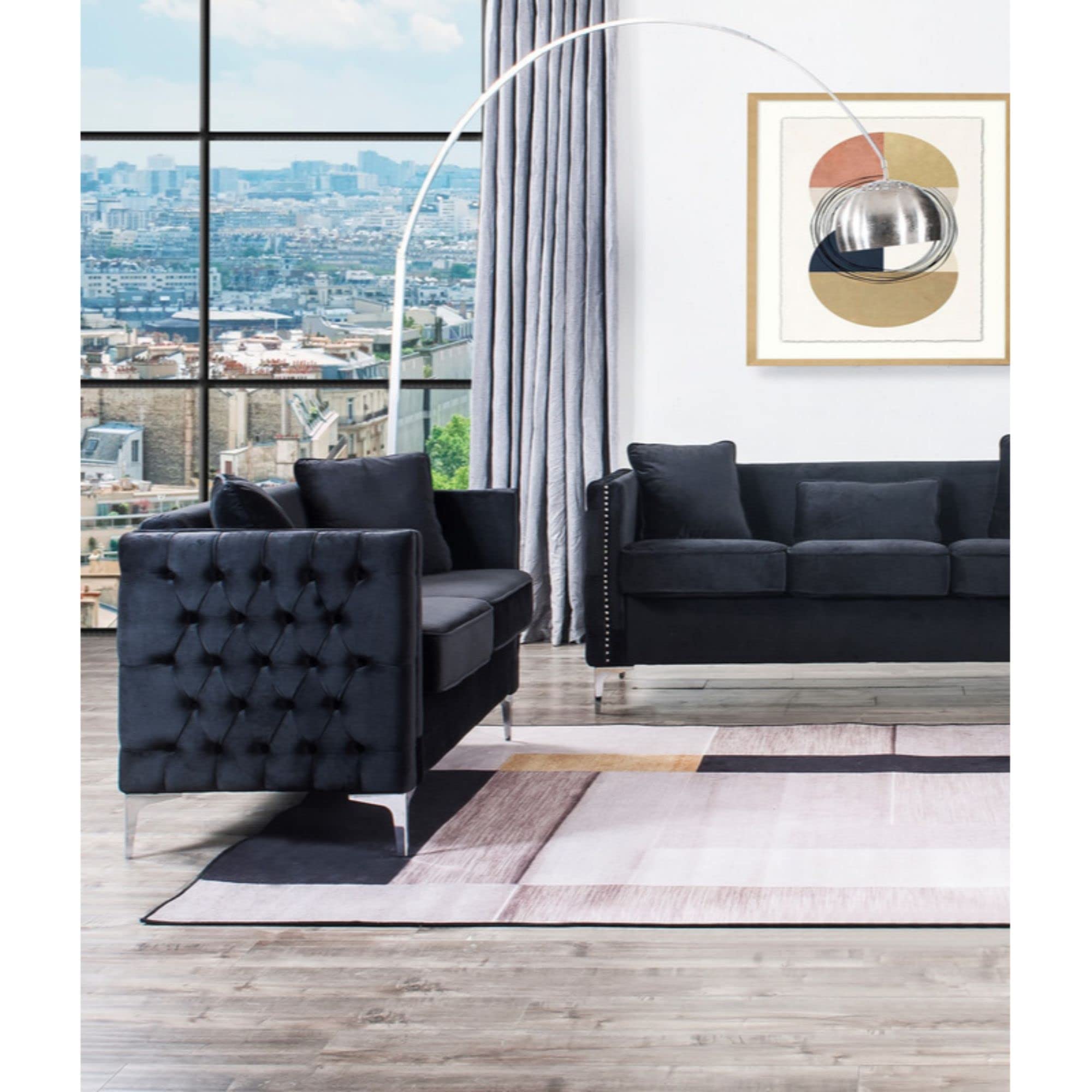 Lilola Home Bayberry Black Velvet Loveseat with 2 Pillows