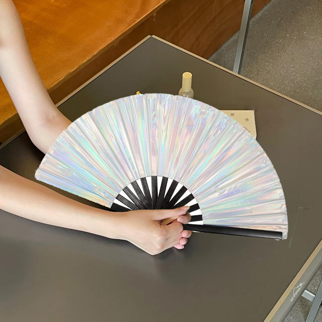 Dmjuncong Large Folding Hand Rave Fan,Clack Handheld Fan,Holographic Laser Colors Hand Fan,For Festivals,Rainbow Outfits,Disco P