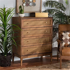 Baxton Studio Ramiel Mid-Century Modern Ash Walnut Finished Wood and Rattan 4-Drawer Chest