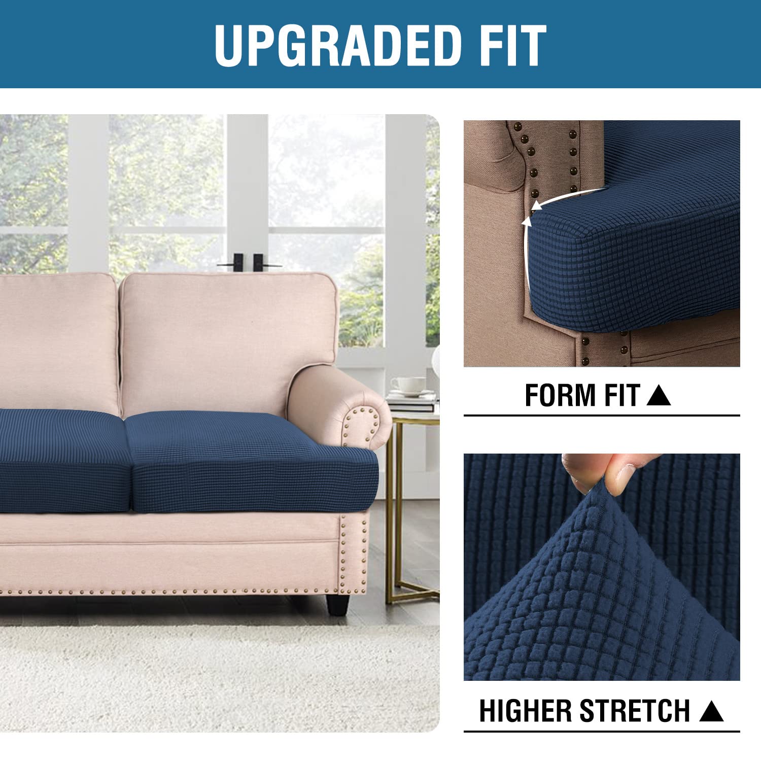 H.Versailtex Stretch 3 Piece T Cushion Sofa Slipcovers Individually Sofa Cushion Covers For 3 Cushion Couch Sofa Seat Cushion Covers With Elastic Bands Featuring Thicker Jacquard Fabric, Navy