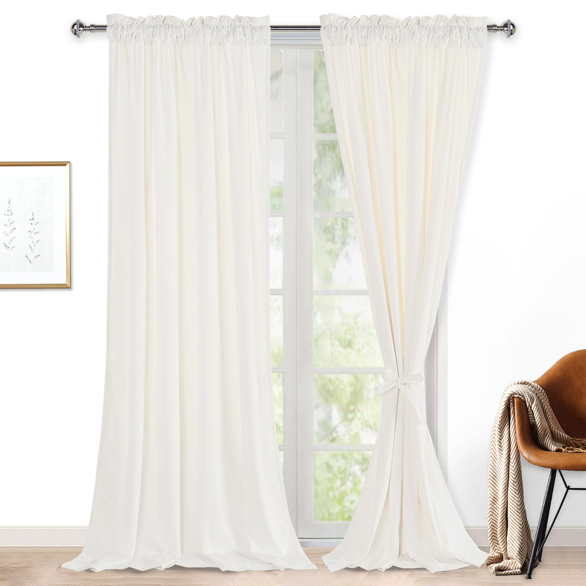 Hiasan Velvet Curtains For Living Room - 108 Inches Long Light Blocking Soft Window Drapes Privacy Rod Pocket With Tiebacks For