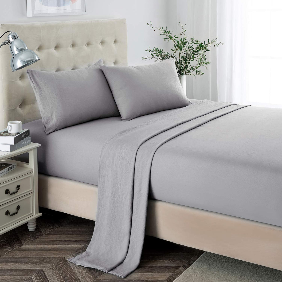 Lanest Housing King Sheet Set, 2400 Thread Count Soft Deep Pocket Microfiber Sheets, 4 Pieces Light Grey Bedding Sheets & Pillow
