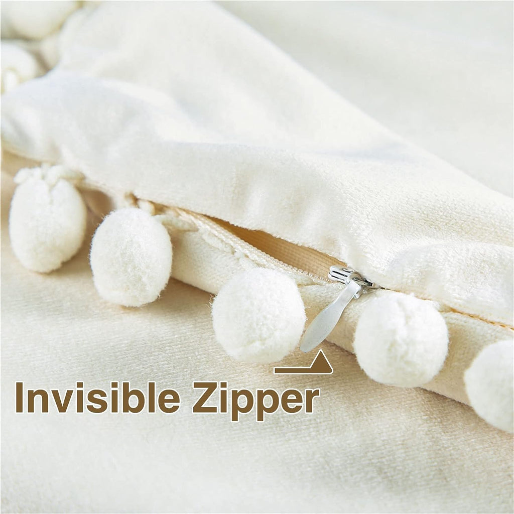 Top Finel Pack Of 2 Decorative Pillow Covers 16X16 Inches Cream Velvet Throw Pillow Covers With Pom-Poms Off White Square Cushio
