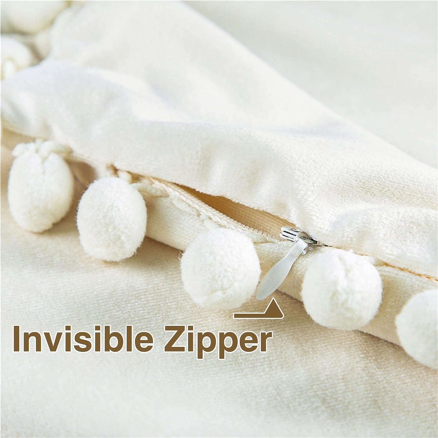 Top Finel Pack Of 2 Decorative Pillow Covers 16X16 Inches Cream Velvet Throw Pillow Covers With Pom-Poms Off White Square Cushio
