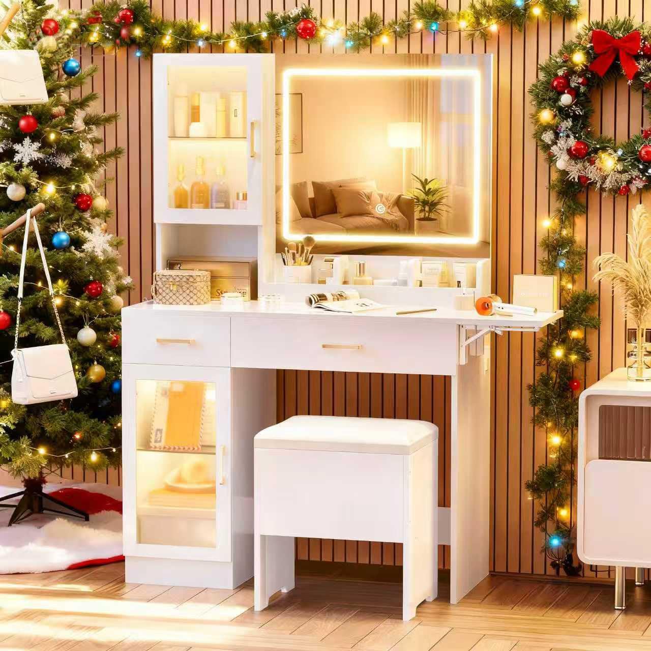 NUNU LAB White Vanity Desk with Mirror and Lights, Makeup Vanity Set with Storage Shelf and Drawers, Bedroom Dressing Table with