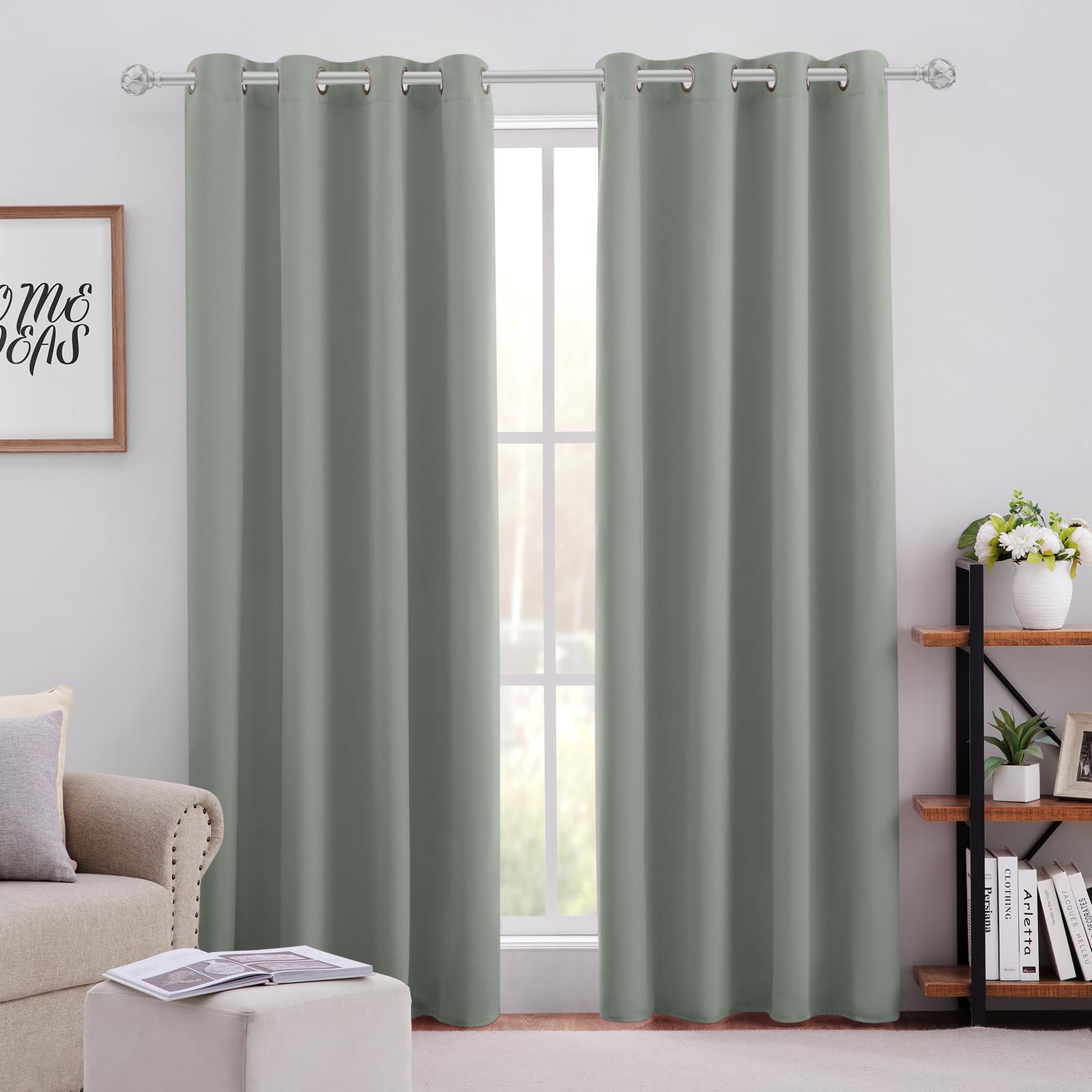 Homeideas Greyish Green Blackout Curtains For Bedroom 52 X 84 Inch Length 2 Panels Set Room Darkening Bedroom Curtains, Soundpro